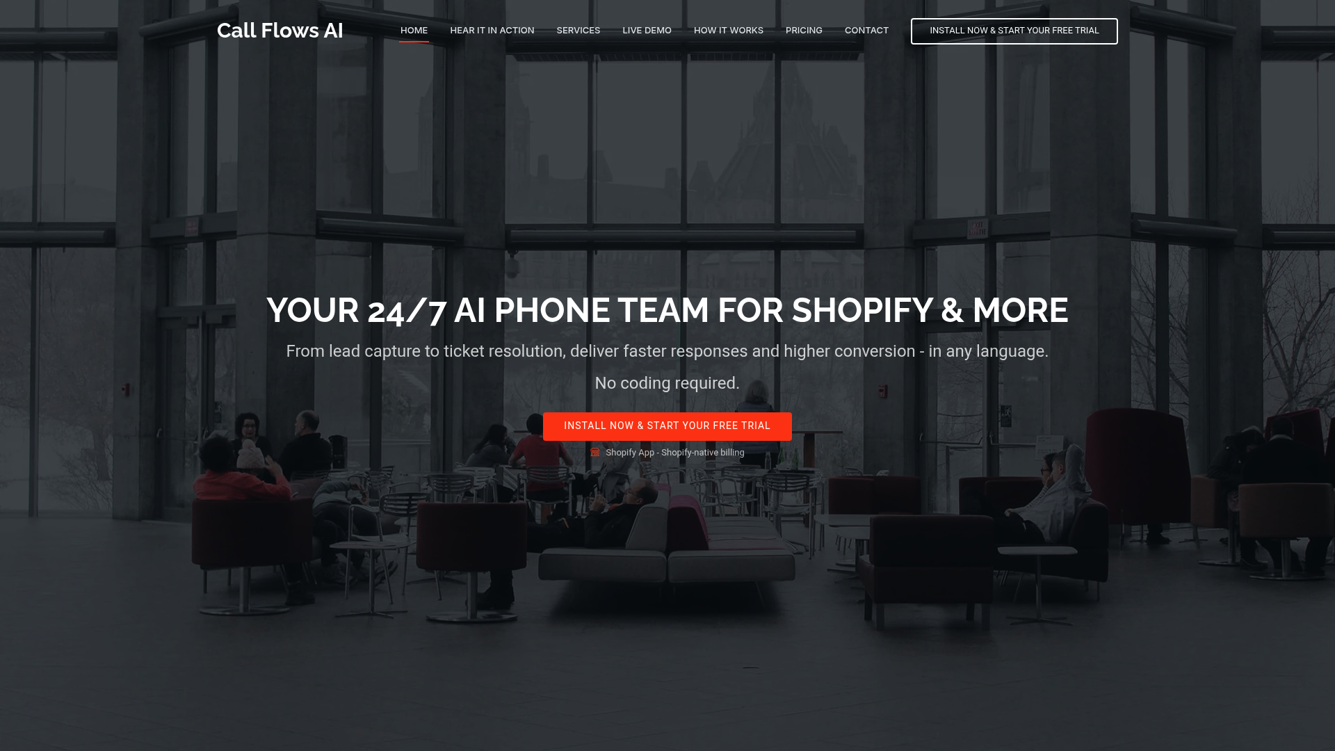 The homepage of CallFlows, an AI phone agent solution for Shopify e-commerce stores.