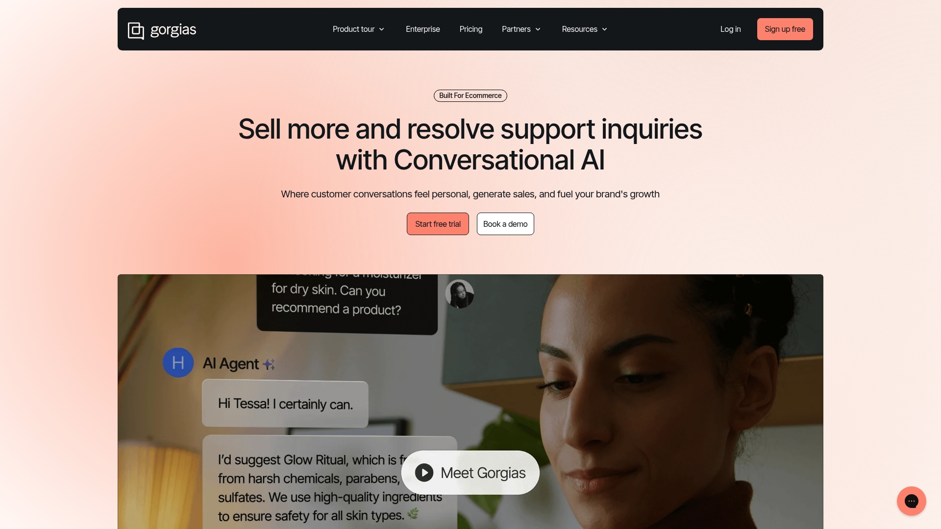 A screenshot of the Gorgias landing page, one of the top ecommerce support solutions 2026.