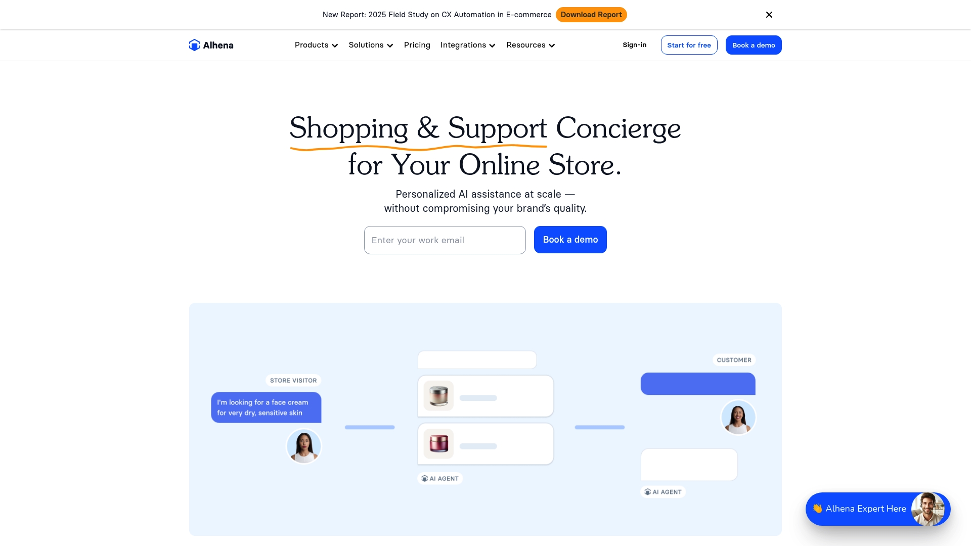 A screenshot of the Alhena AI homepage, part of a best AI shopping assistants comparison.