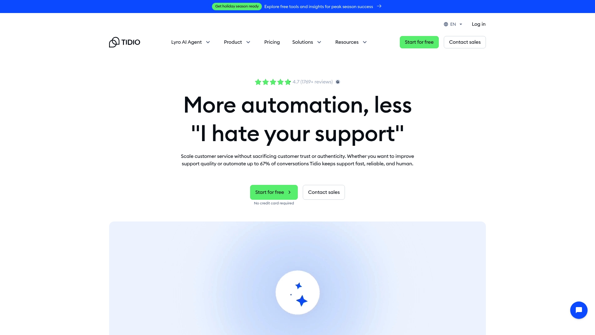 The Tidio homepage, a customer experience platform with an AI chatbot.