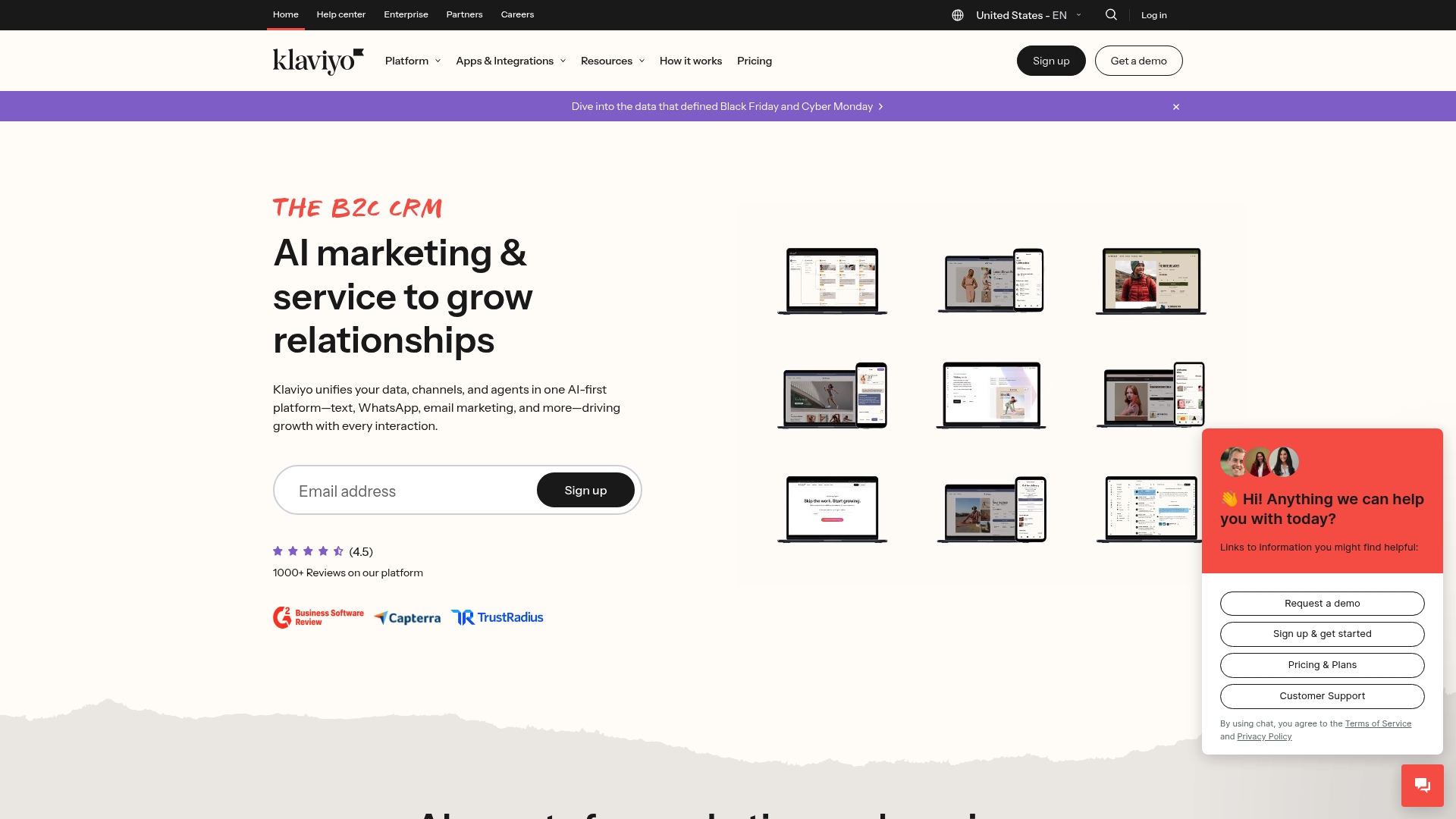 The Klaviyo homepage, a marketing automation platform for e-commerce.