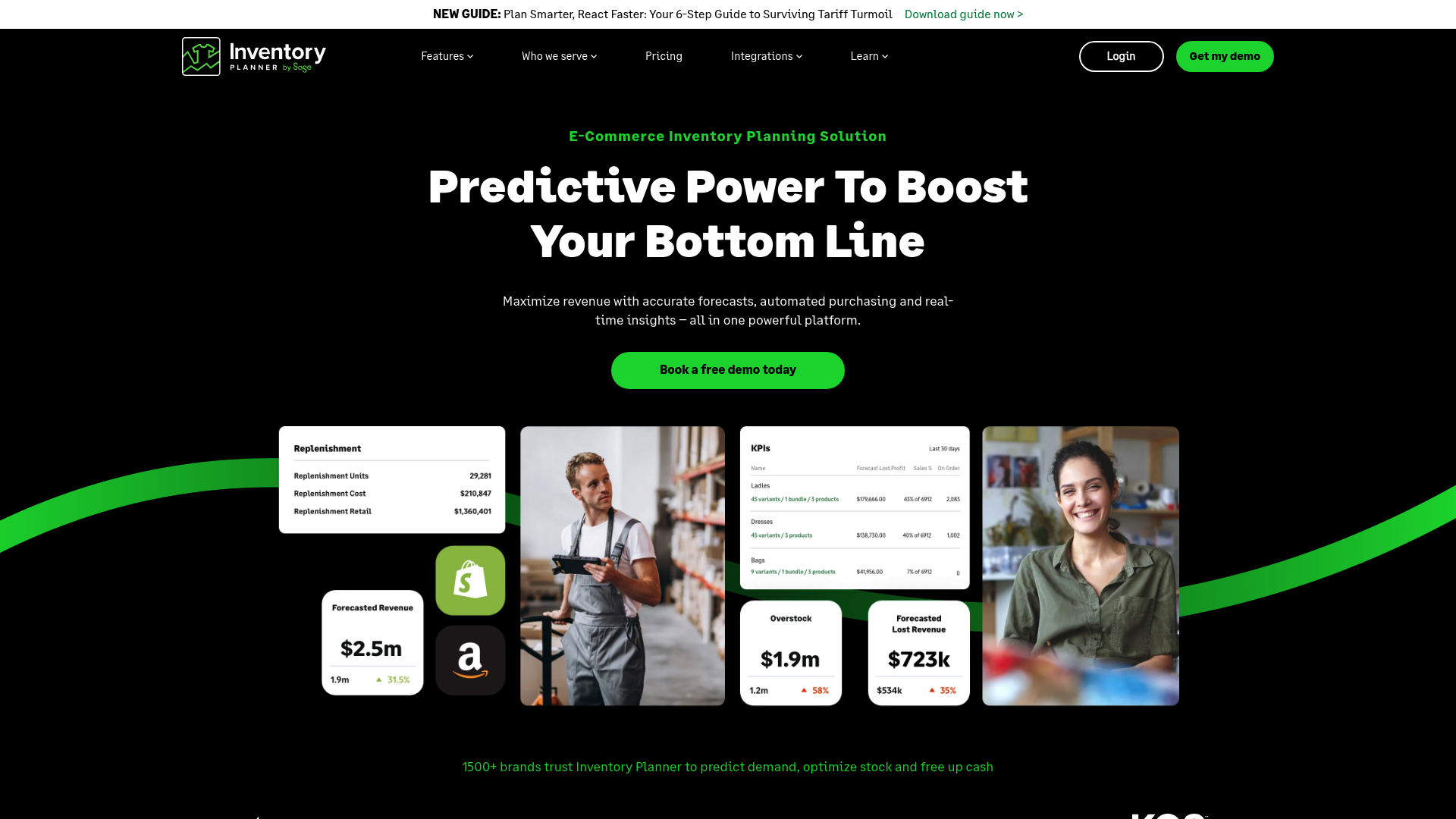 The Inventory Planner homepage, a tool for demand forecasting and inventory optimization.