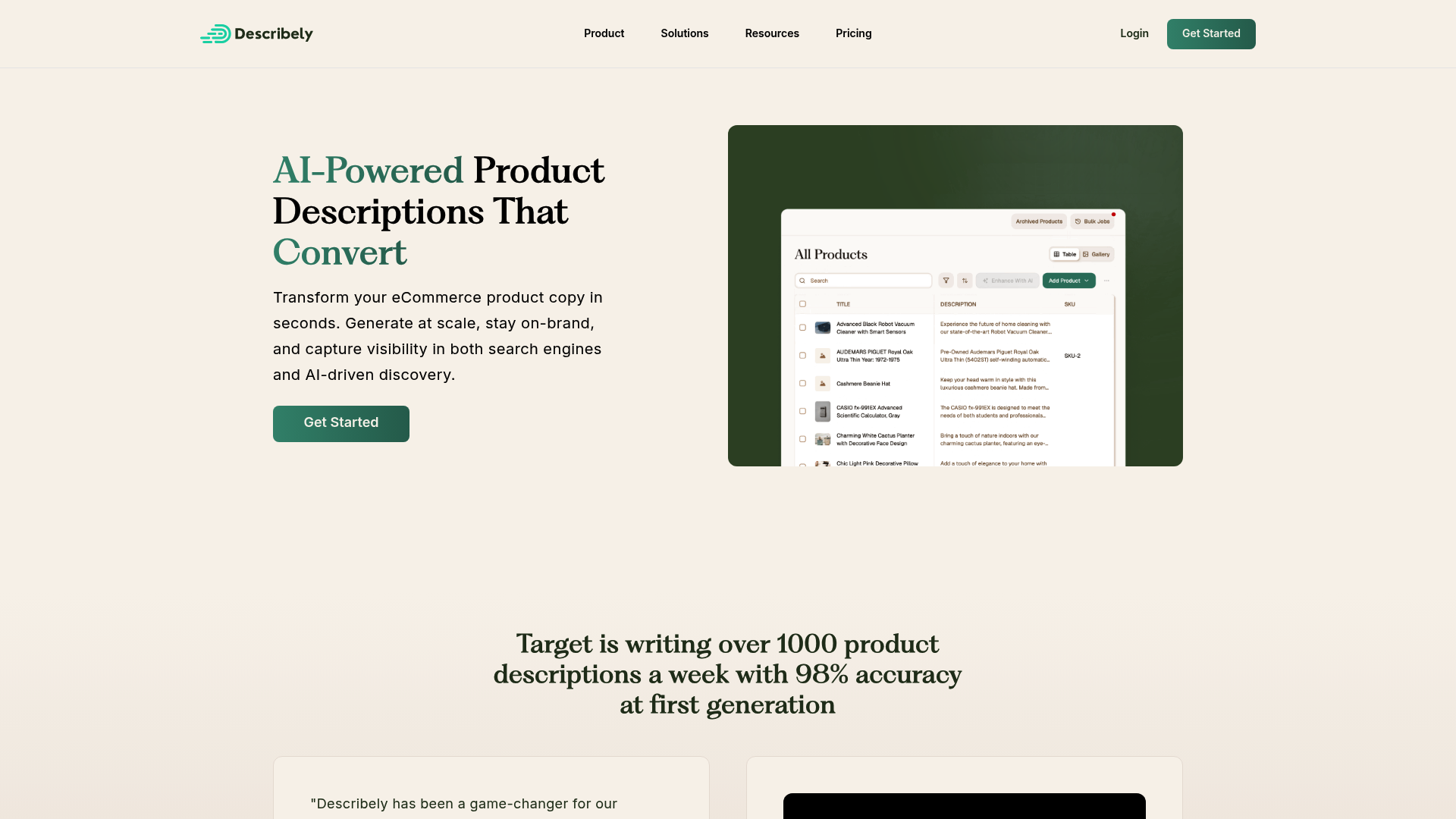 A screenshot of the Describely homepage, which is featured as one of the best ecommerce AI software 2026 for bulk product descriptions.