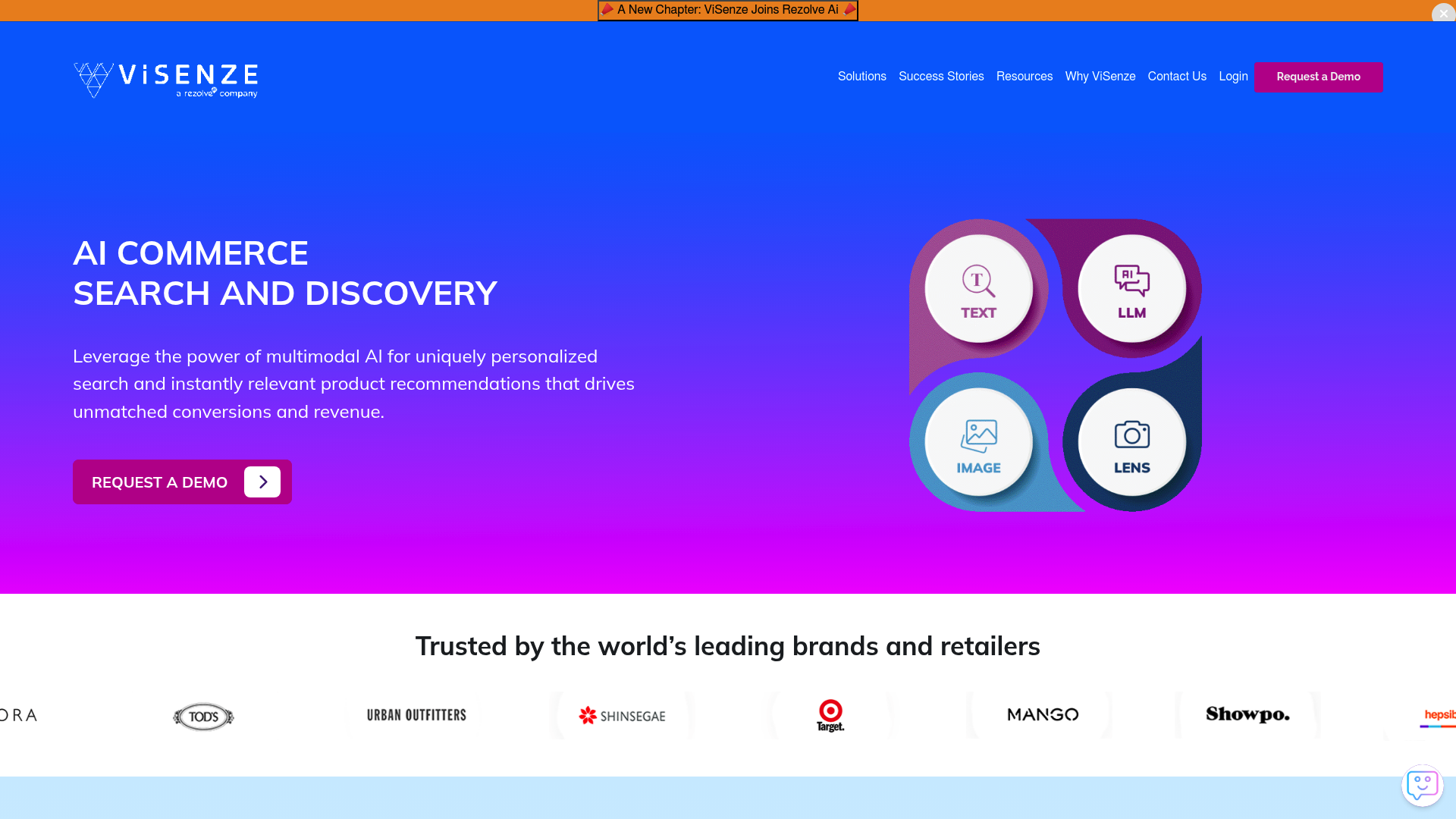 A screenshot of the ViSenze landing page, an example of the best ecommerce AI software 2026 for visual product discovery.