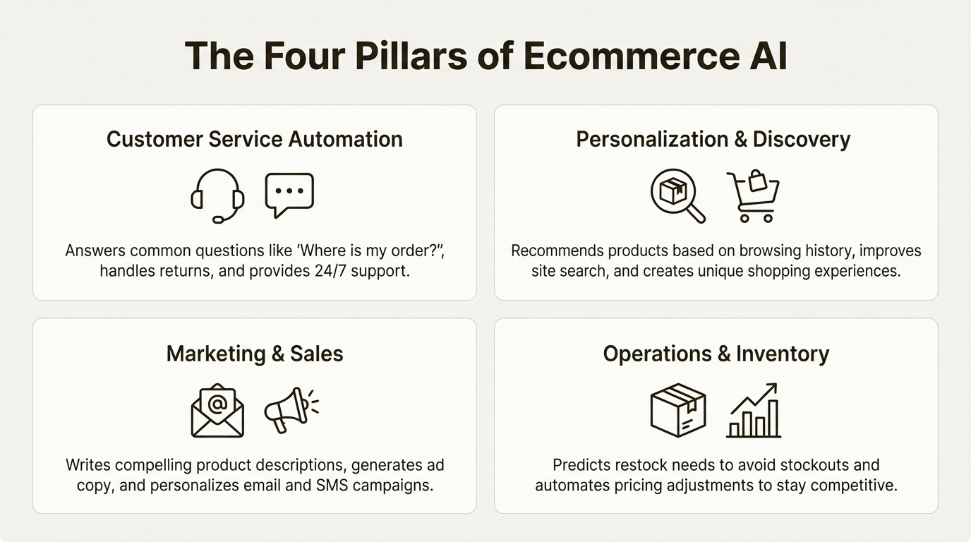 An infographic showing the four main categories of the best ecommerce AI software 2026: customer service, personalization, marketing, and operations.