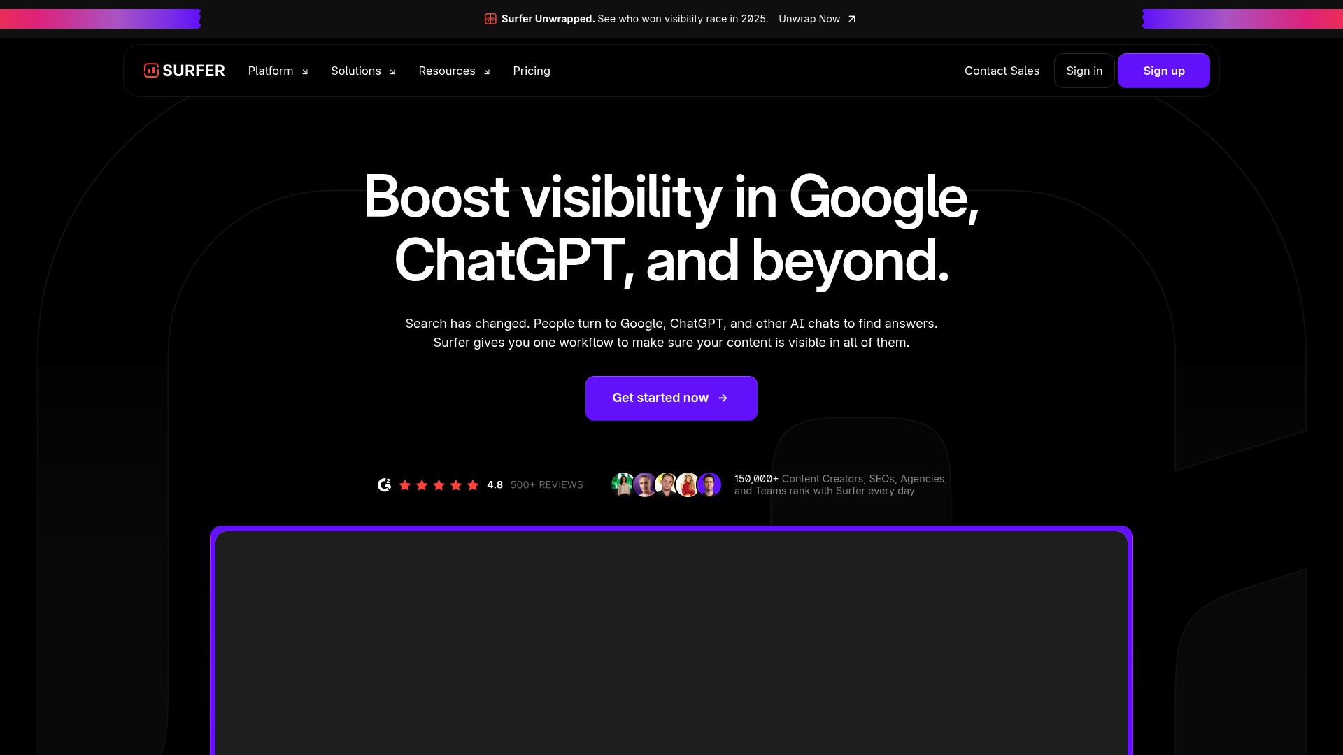 A screenshot of the Surfer SEO homepage, one of the best marketing AI tools for ecommerce for SEO.