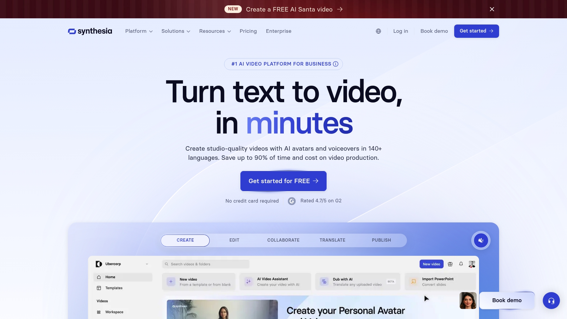 A screenshot of the Synthesia homepage, one of the best marketing AI tools for ecommerce for video creation.