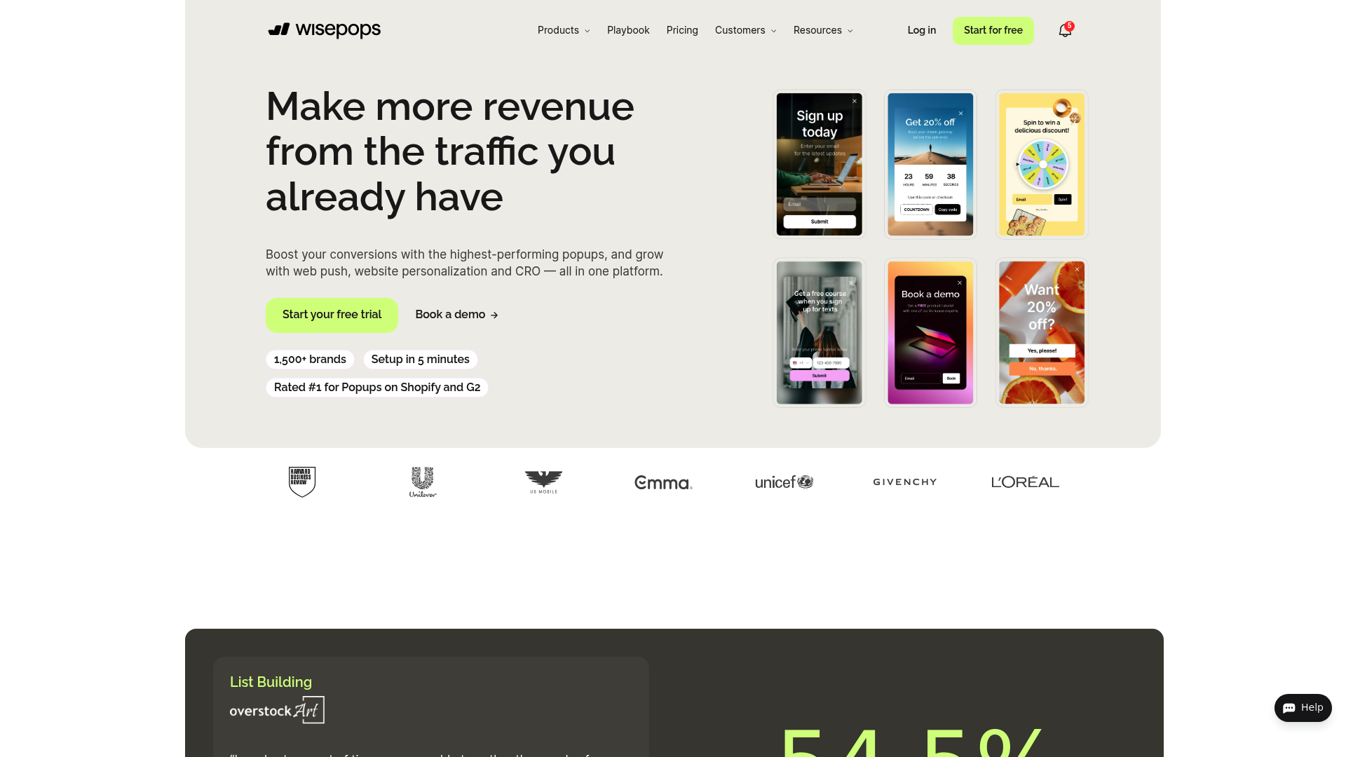 A screenshot of the Wisepops homepage, one of the best marketing AI tools for ecommerce for on-site personalization.