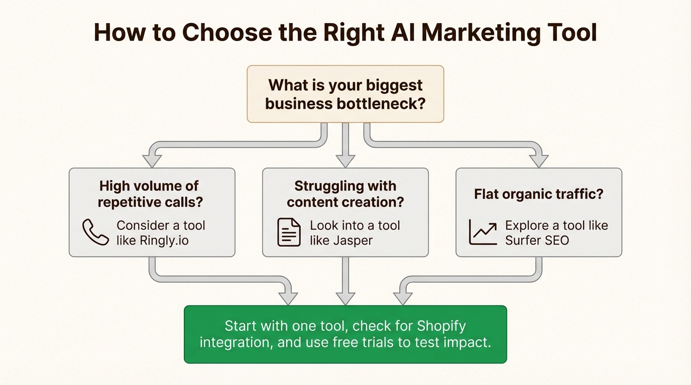 An infographic explaining how to choose the best marketing AI tools for ecommerce by identifying business bottlenecks.