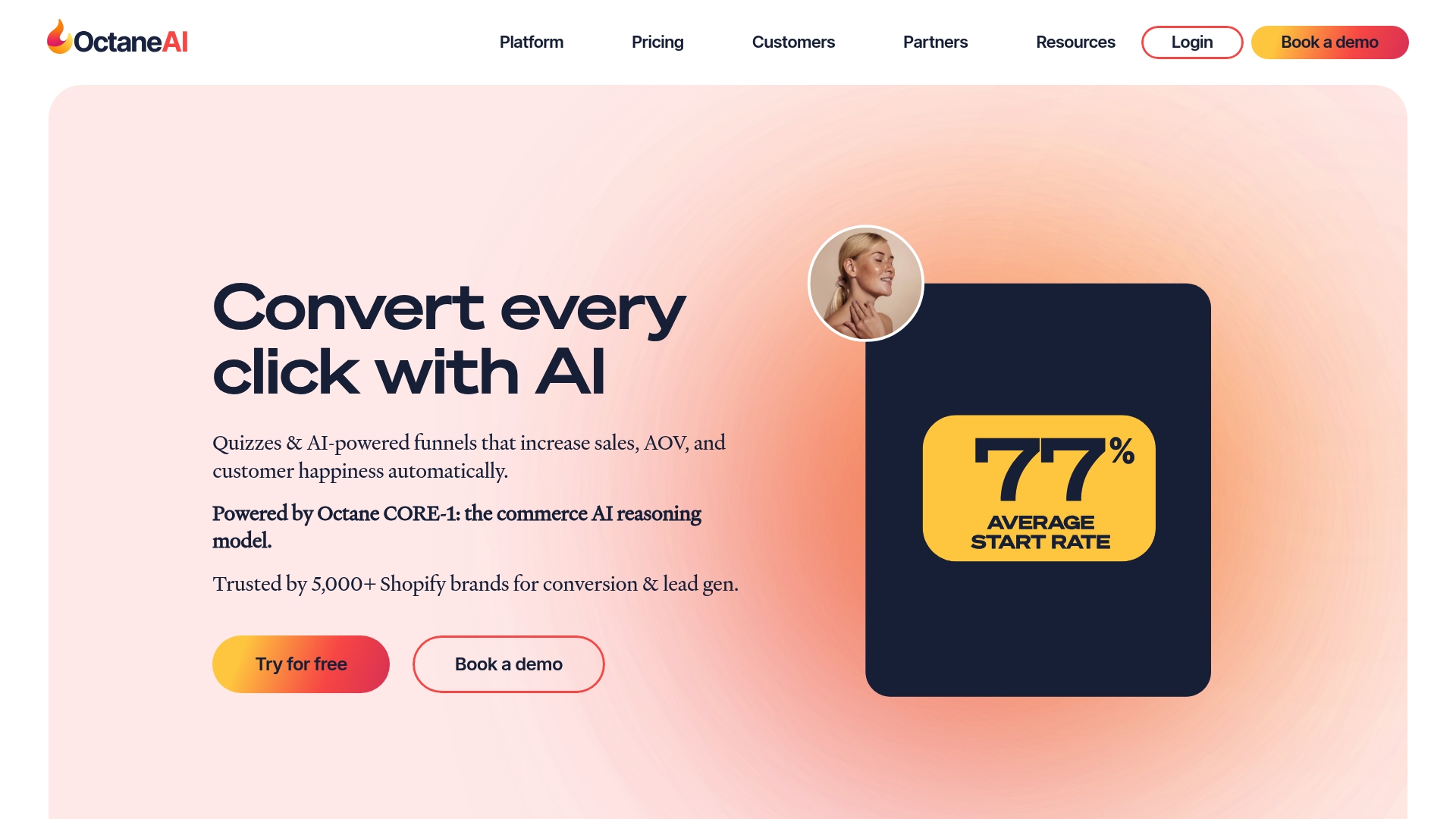 A screenshot of the Octane AI website homepage, which offers some of the best AI tools for Shopify personalization.