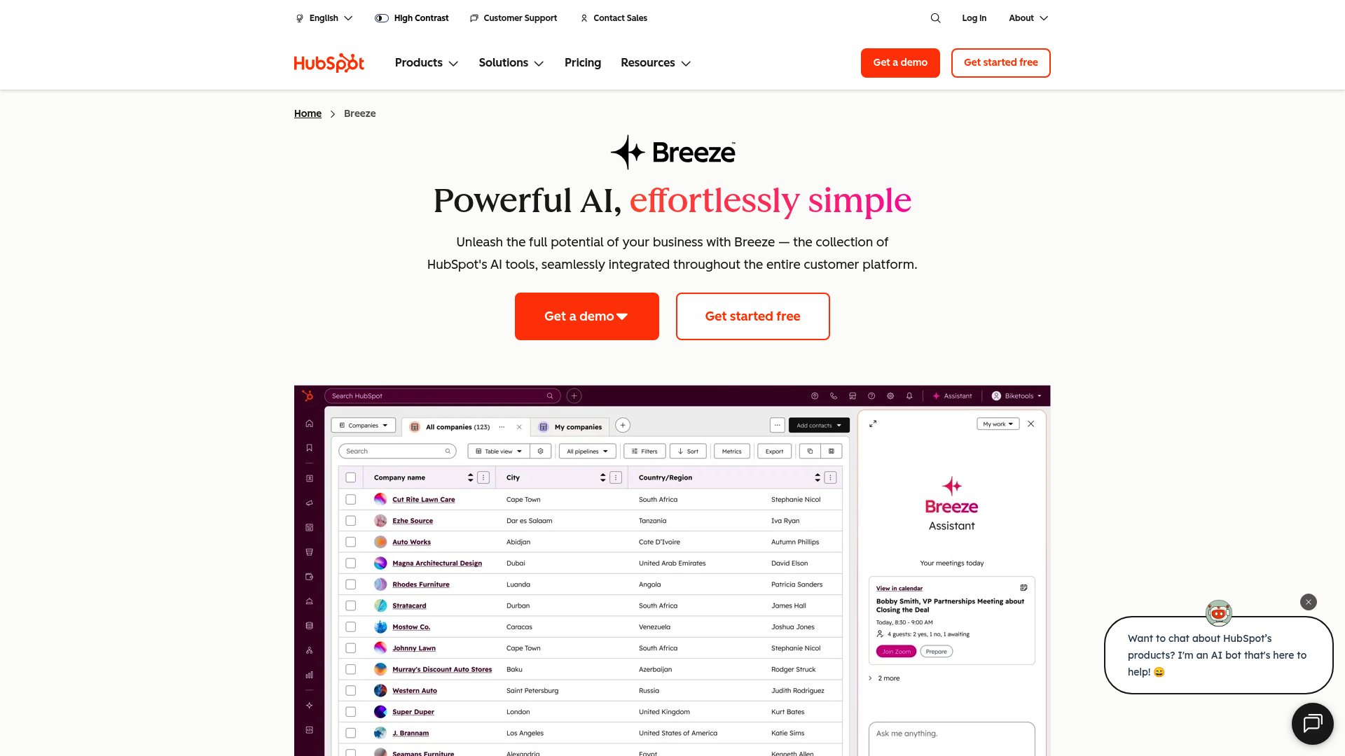 A screenshot of the HubSpot Chatbot Builder landing page, a tool used in the AI voice agents vs chatbots e-commerce landscape.