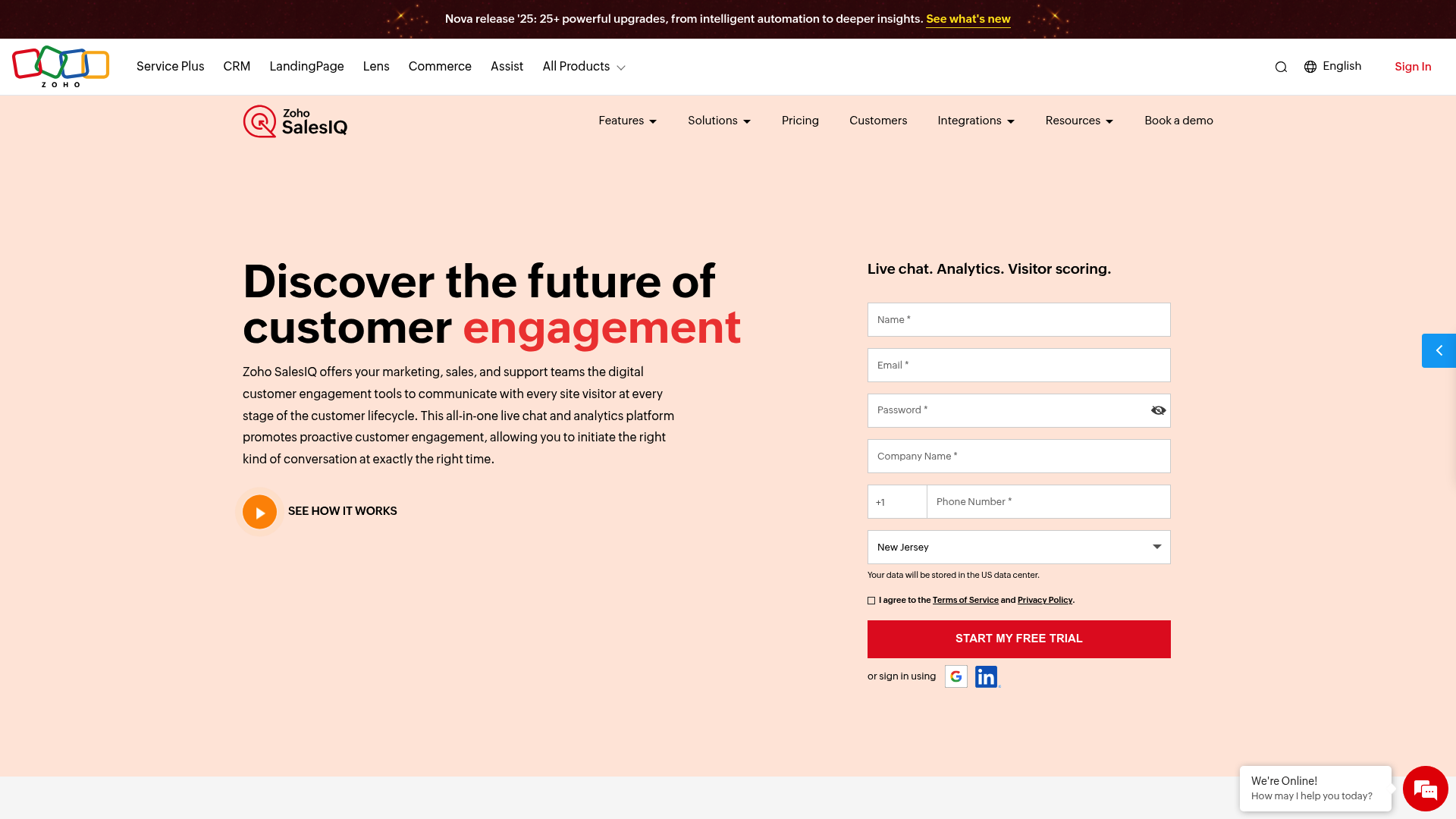 A screenshot of the Zoho SalesIQ landing page, showcasing a chatbot solution relevant to the AI voice agents vs chatbots e-commerce discussion.
