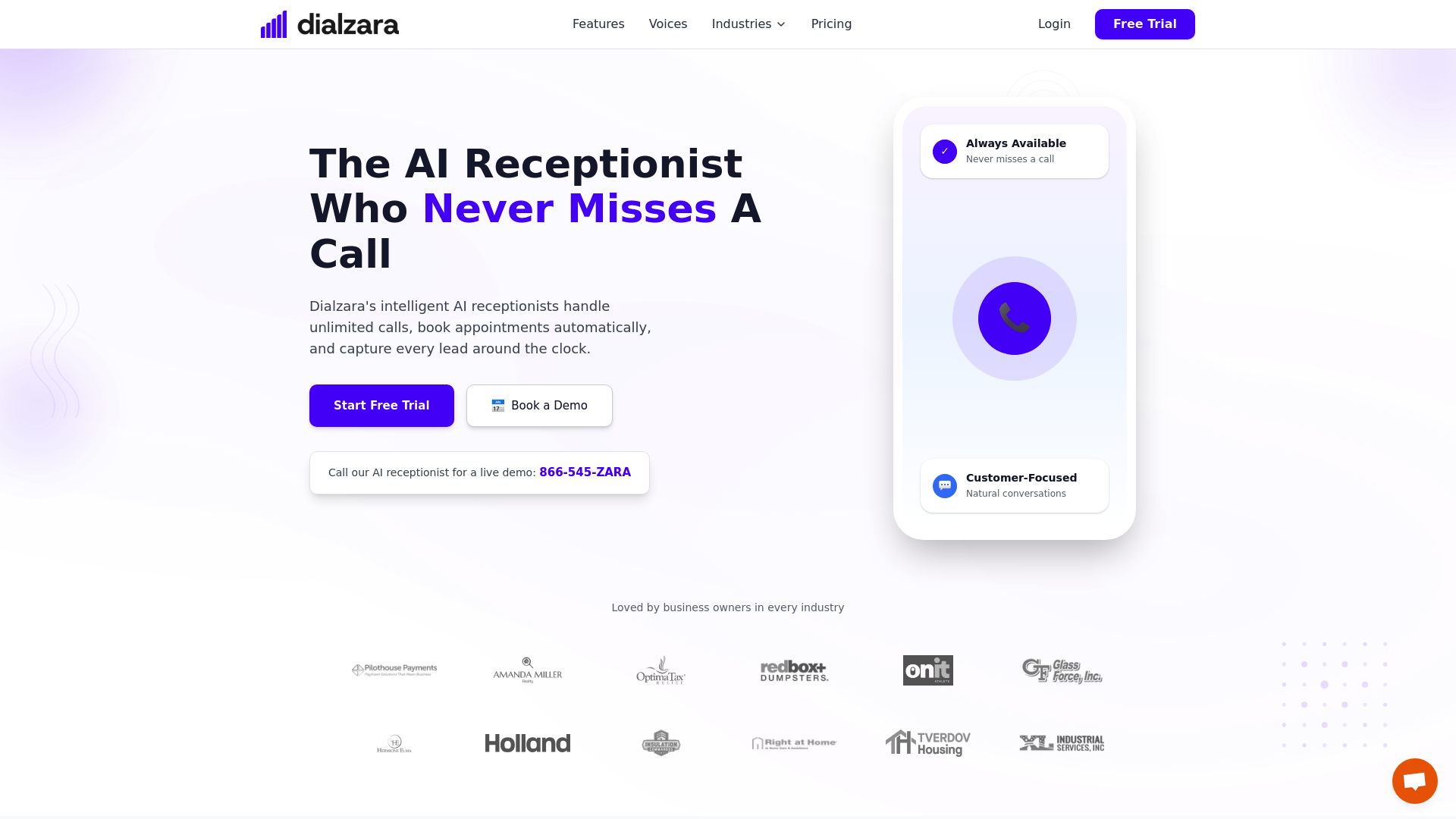 A screenshot of the Dialzara website, a platform for AI receptionists that can be used as Shopify voice agents.
