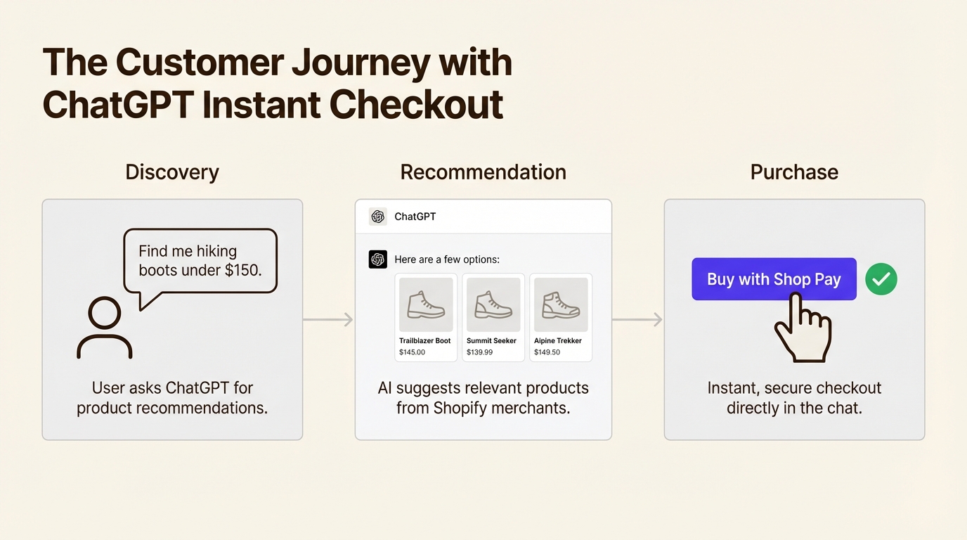 A 3-step workflow showing the customer journey from discovery to purchase within the ChatGPT interface.