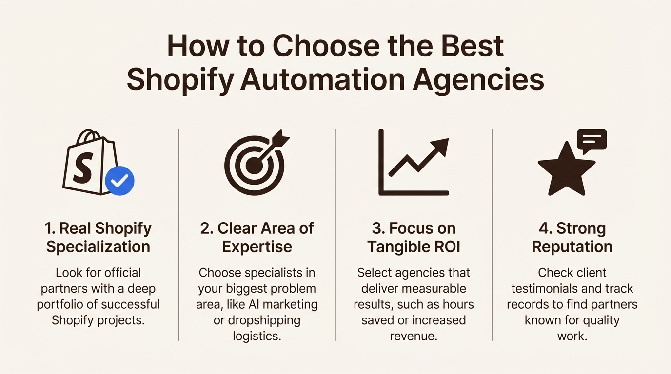 An infographic checklist on how to pick the best Shopify automation agencies, covering specialization, expertise, ROI, and reputation.