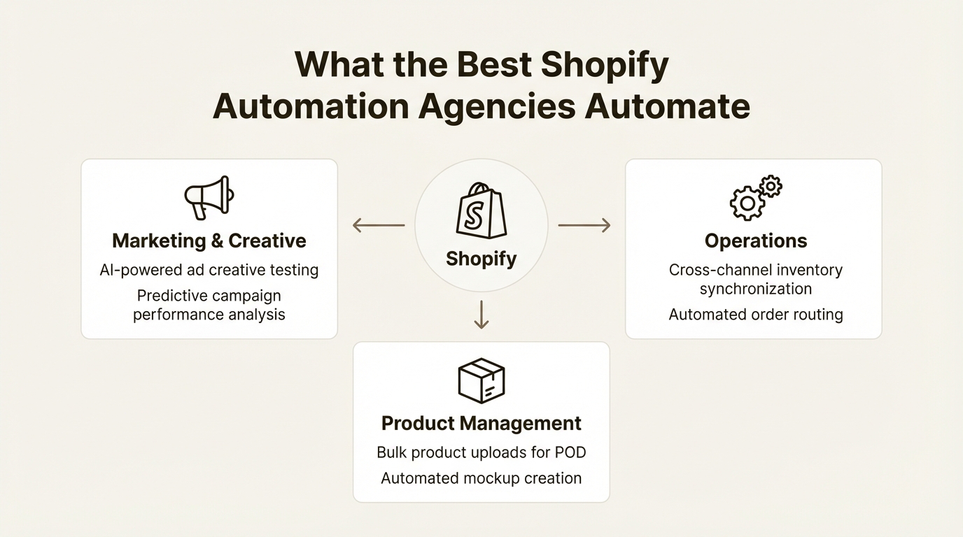 An infographic showing the core functions of the best Shopify automation agencies, including marketing, operations, and product management automation.