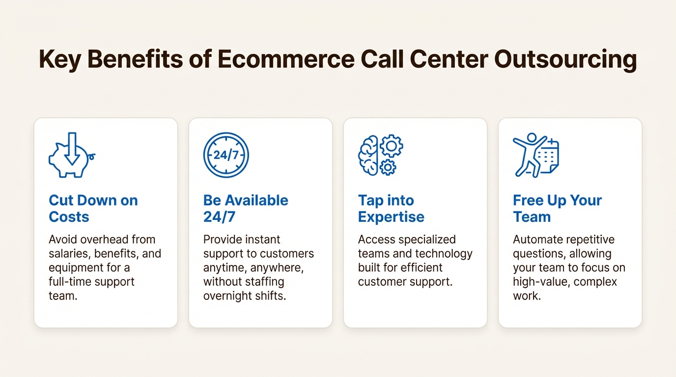An infographic showing the four main benefits of ecommerce call center outsourcing: cutting costs, 24/7 availability, accessing expertise, and freeing up your team.