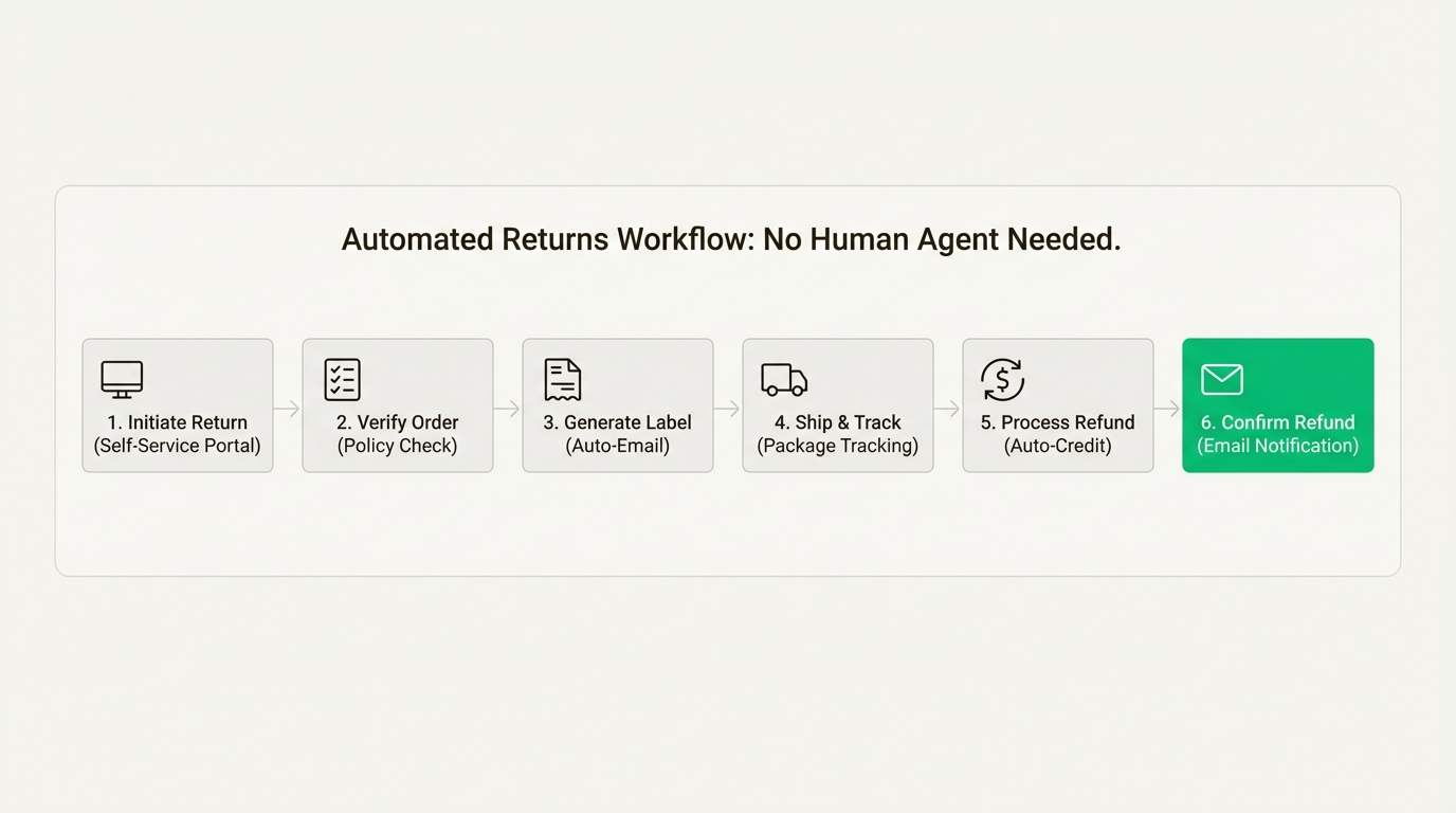 A workflow diagram showing the steps of an automated returns process for ecommerce.