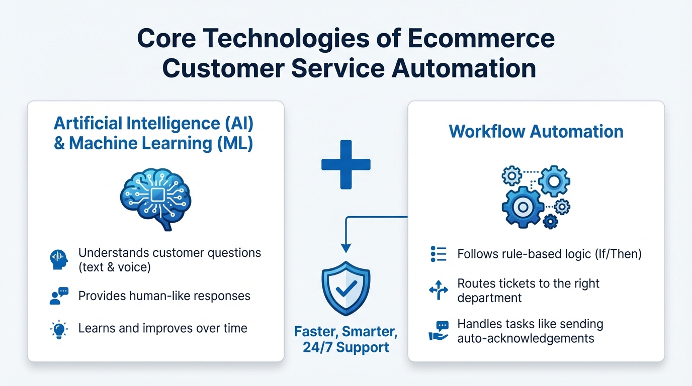 An infographic explaining the core technologies of ecommerce customer service automation: AI and workflow automation.