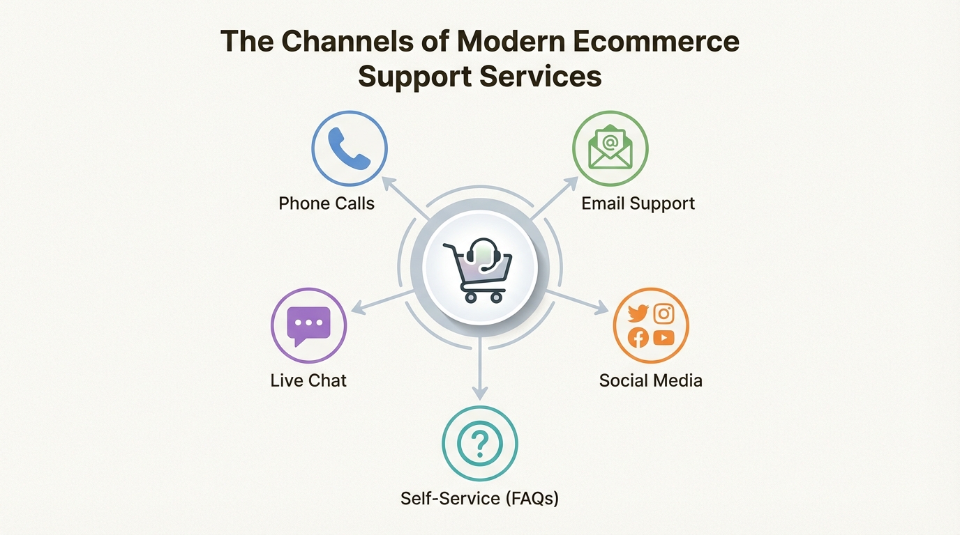 An infographic showing the key channels for modern ecommerce support services, including phone, email, live chat, social media, and self-service options.
