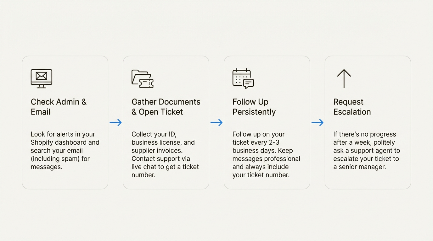 A four-step workflow for resolving a payment hold, from checking your email to requesting an escalation.