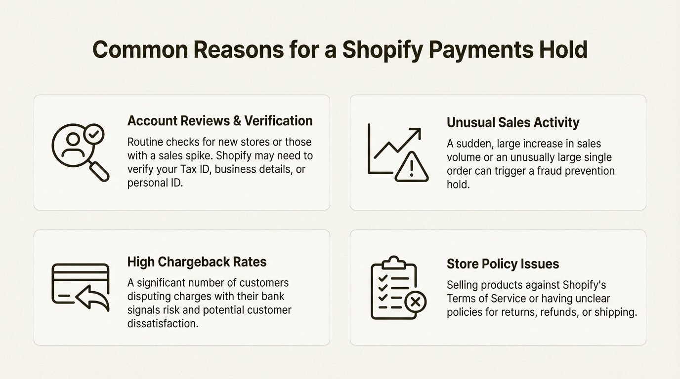 An infographic showing the four common reasons for a Shopify Payments hold: account reviews, unusual sales activity, high chargeback rates, and store policy issues.