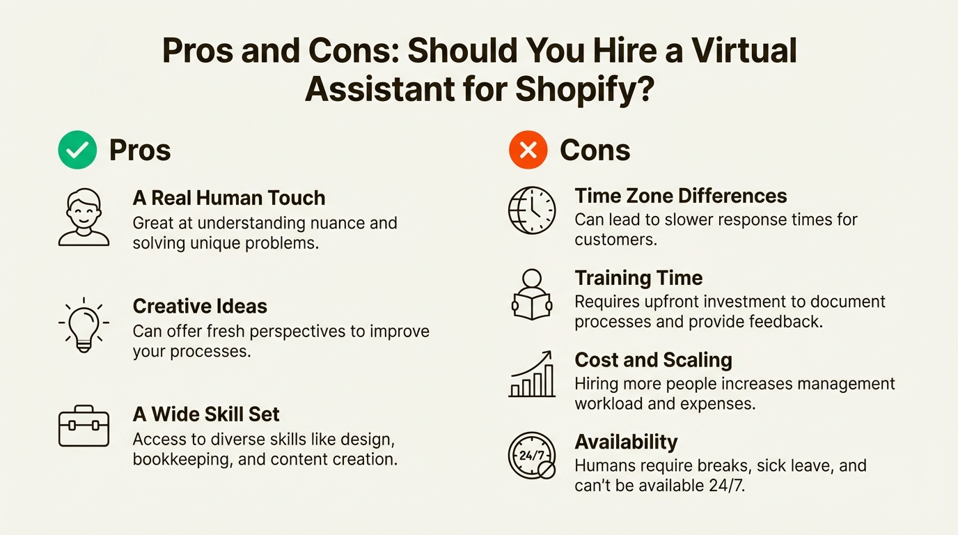 An infographic detailing the pros and cons to consider when you hire a virtual assistant for Shopify, covering human touch vs. time zones and training.