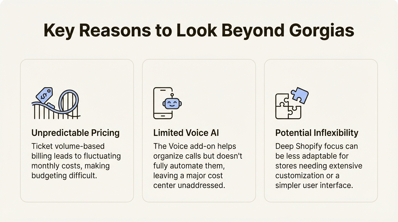 An infographic outlining the main reasons to look for Gorgias alternatives for Shopify, including pricing, AI limitations, and flexibility.