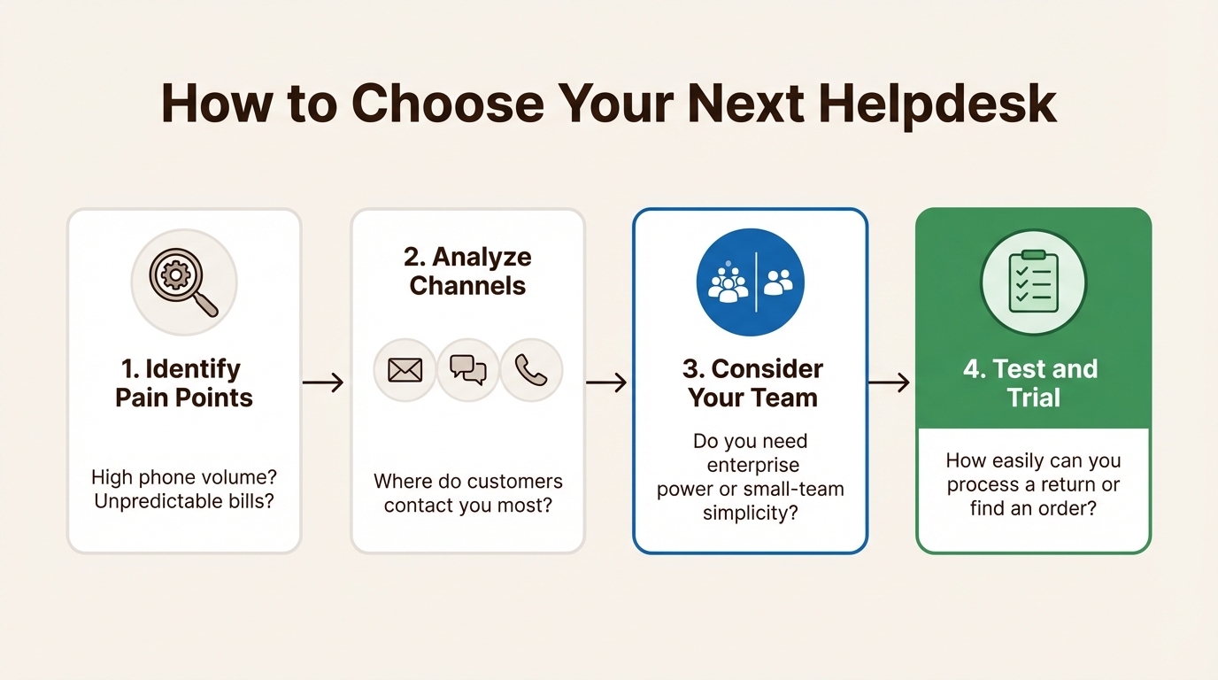 A 4-step workflow on how to choose from the best Gorgias alternatives for Shopify, from identifying pain points to testing platforms.
