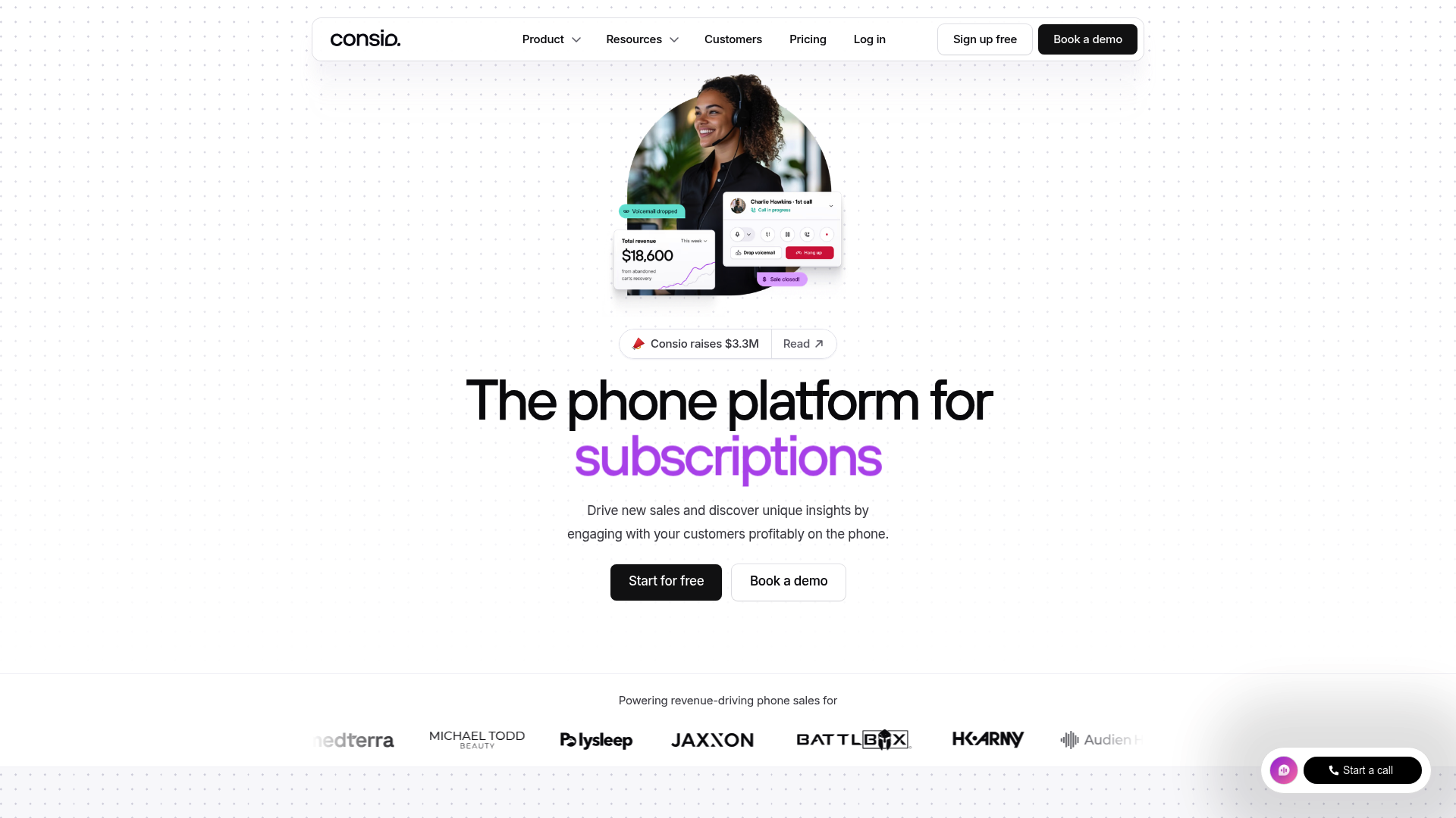 A screenshot of the Consio landing page, a Shopify AI call answering app focused on sales and support.