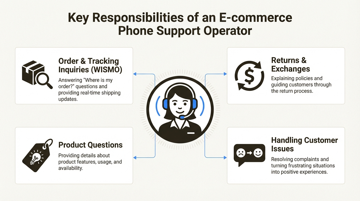 An infographic showing the main duties when you hire an ecommerce phone support operator in 2026, including order tracking, returns, product questions, and issue resolution.