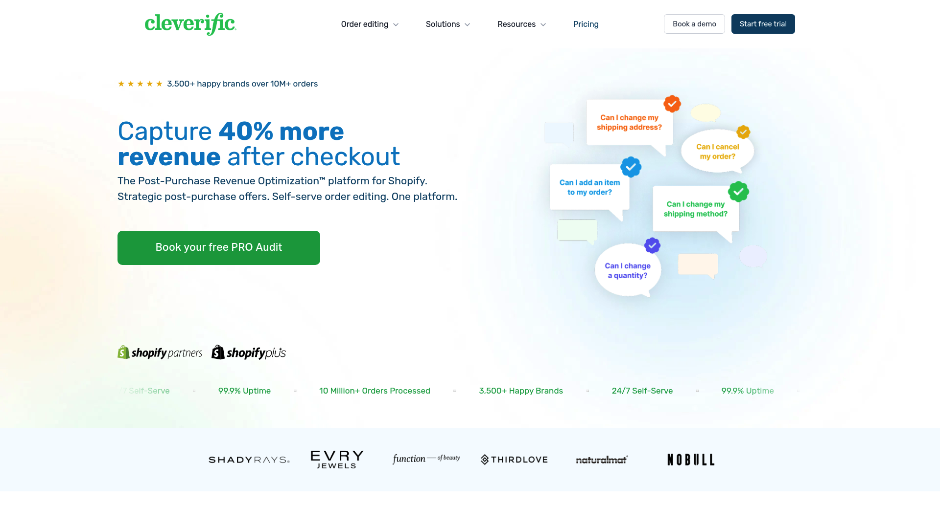 A screenshot of the Cleverific homepage, which is one of the best order editing apps for Shopify.