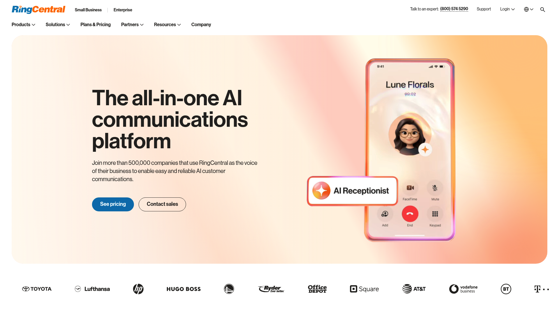 The RingCentral homepage, another popular Aircall ecommerce alternative for enterprise communication.