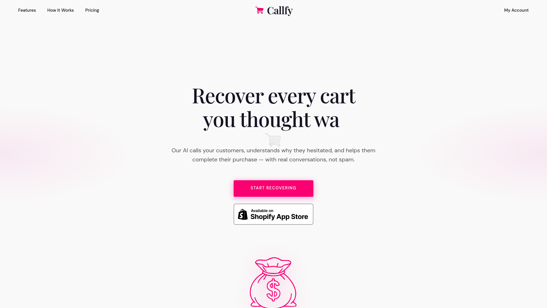 A screenshot of the Callfy.ai landing page, showing its focus on recovering abandoned carts with AI-powered calls and SMS.