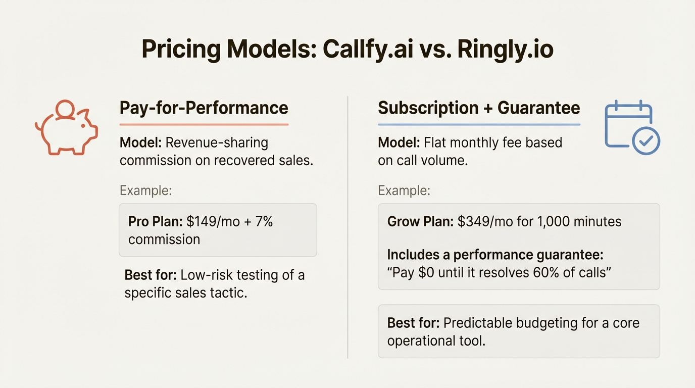 An infographic comparing the pay-for-performance pricing of Callfy.ai against the subscription-based model of Ringly.io.