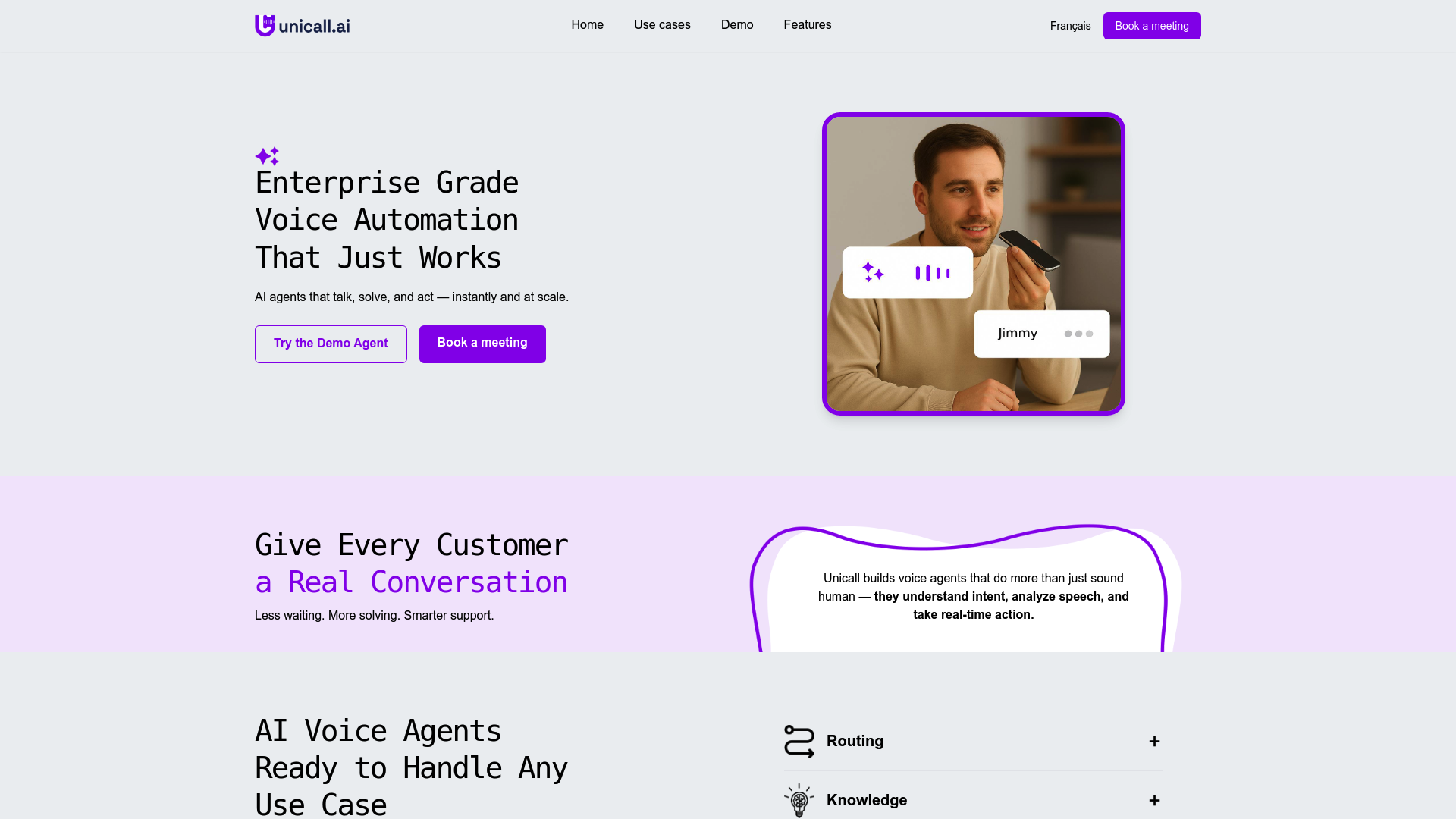 A screenshot of the Unicall.ai homepage, a Shopify AI call answering app known for realistic voices.