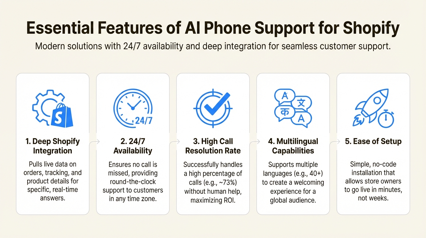 An infographic detailing the essential features of AI phone support Shopify app solutions for ecommerce, including deep integration and 24/7 availability.