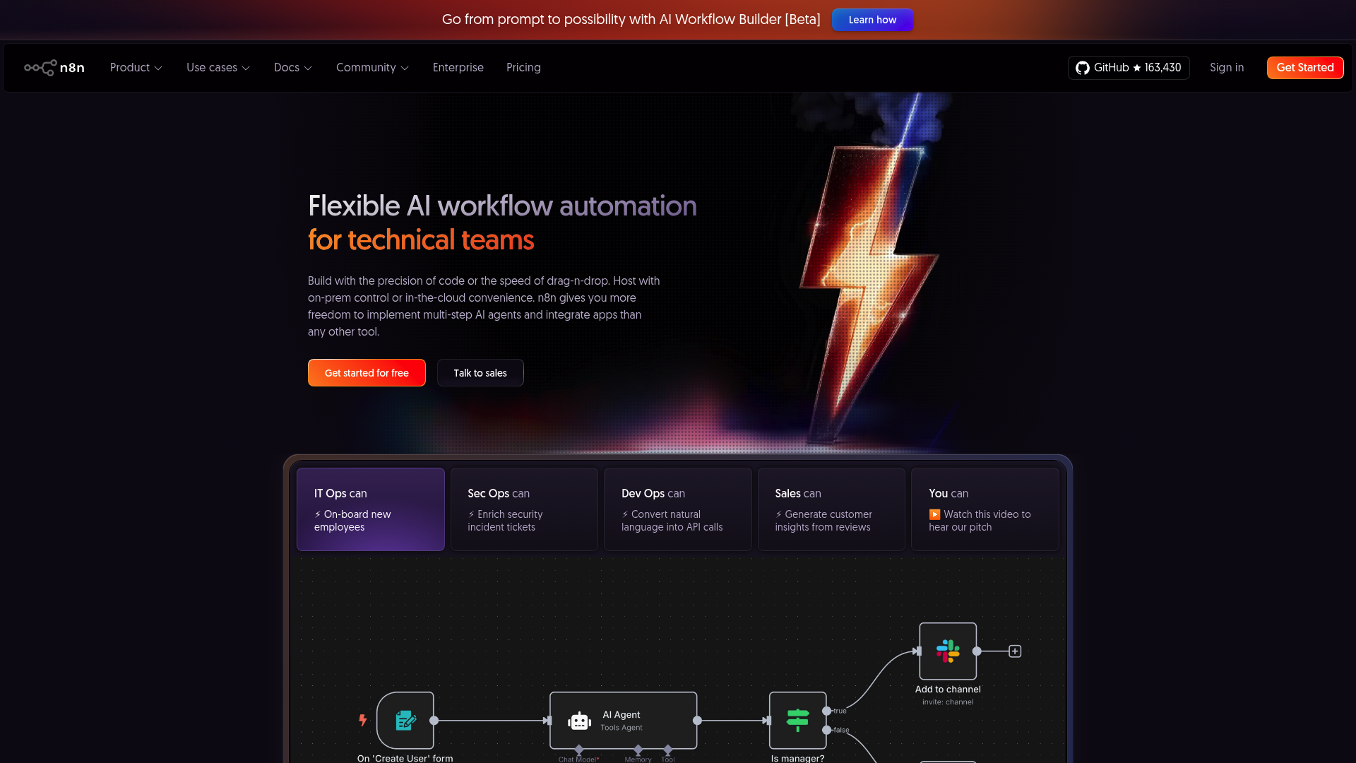 A screenshot of the n8n landing page, showcasing its capabilities as a workflow automation tool that can connect various APIs and services.