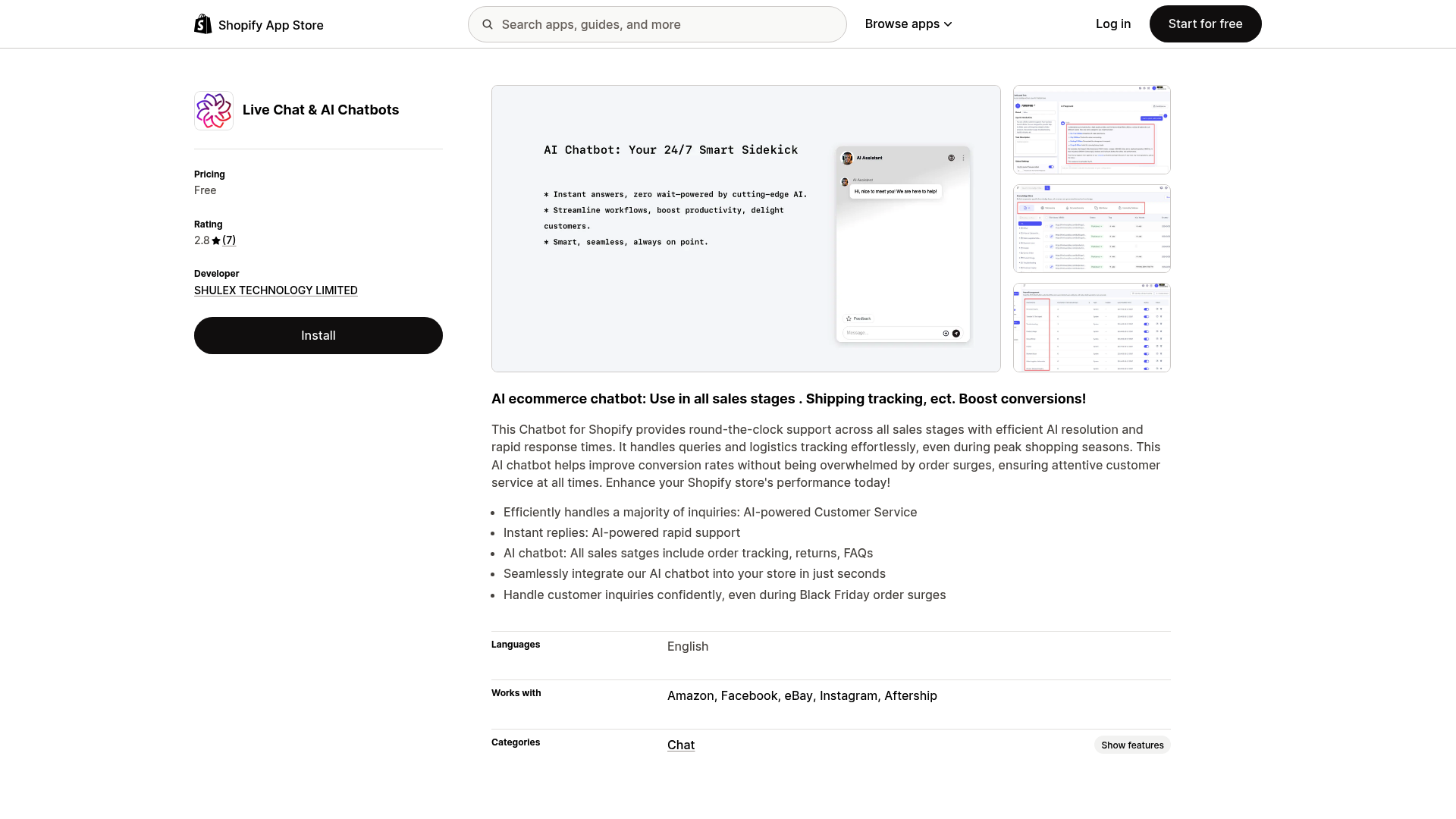 A screenshot of the Shulex app in the Shopify App Store, an alternative to a full Shopify customer support AI voice agent integration.