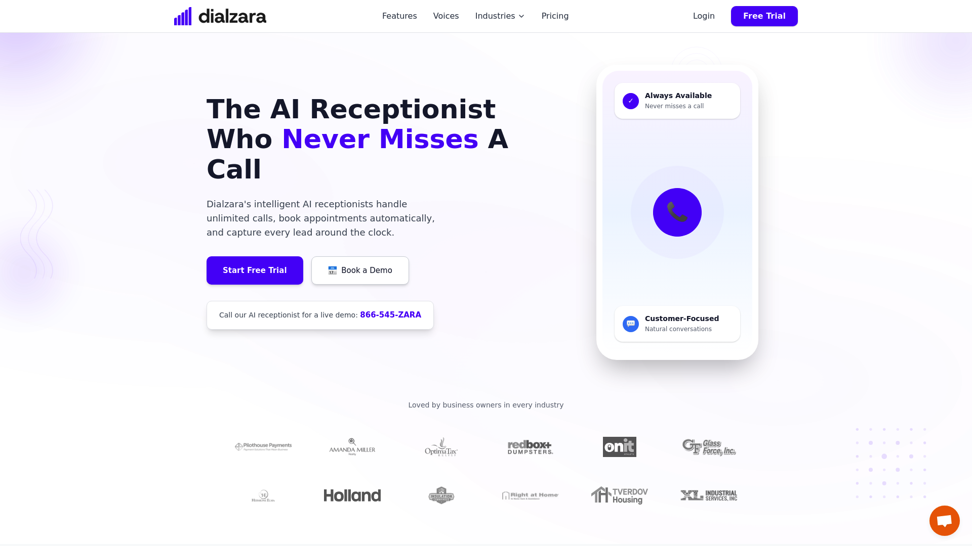 A screenshot of the Dialzara homepage, a provider for Shopify customer support AI voice agent integration.