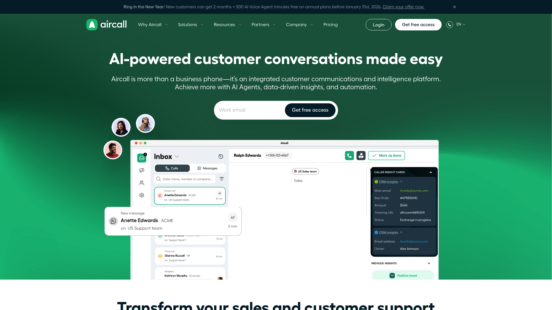 A screenshot of the Aircall landing page, showing what is the best Shopify calling integration for cloud phone systems.