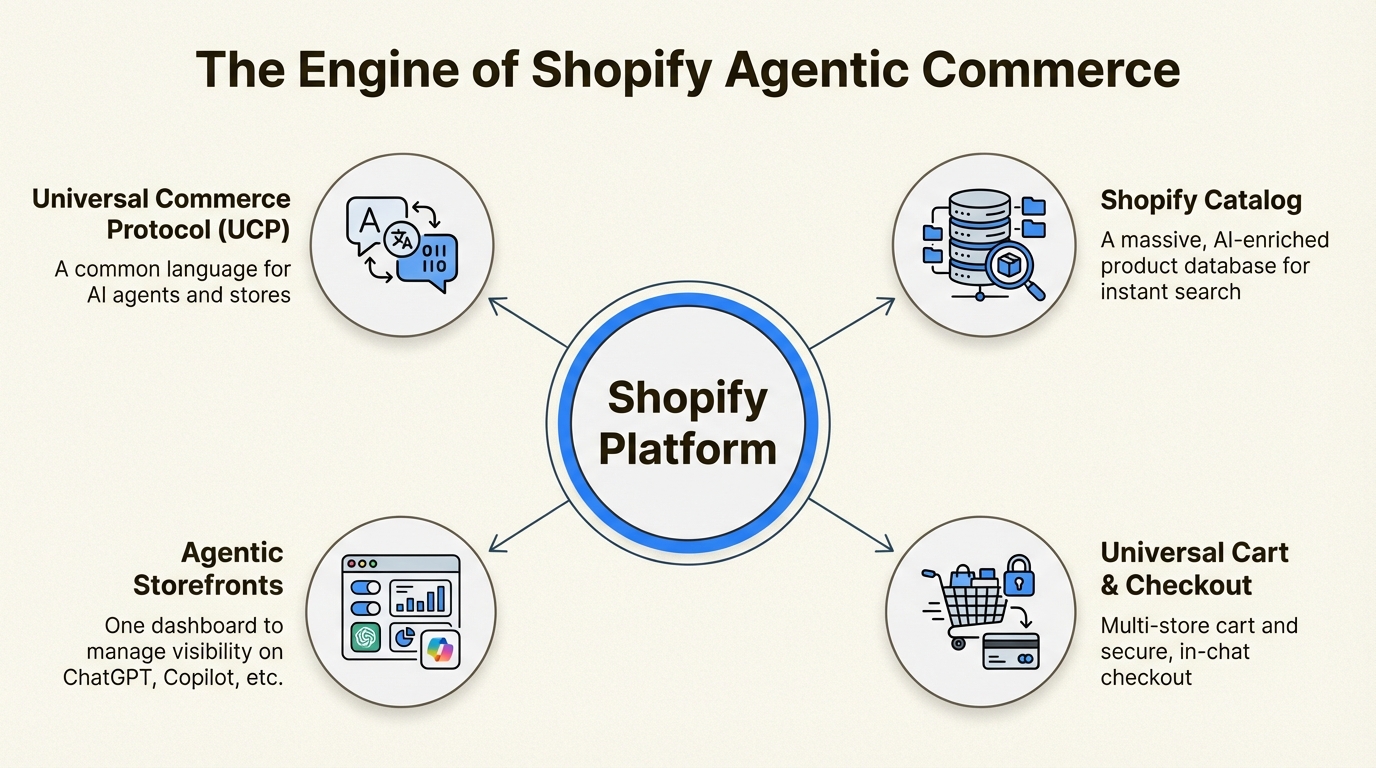 An infographic explaining the core components of Shopify agentic commerce, including the UCP, Shopify Catalog, and Universal Cart.