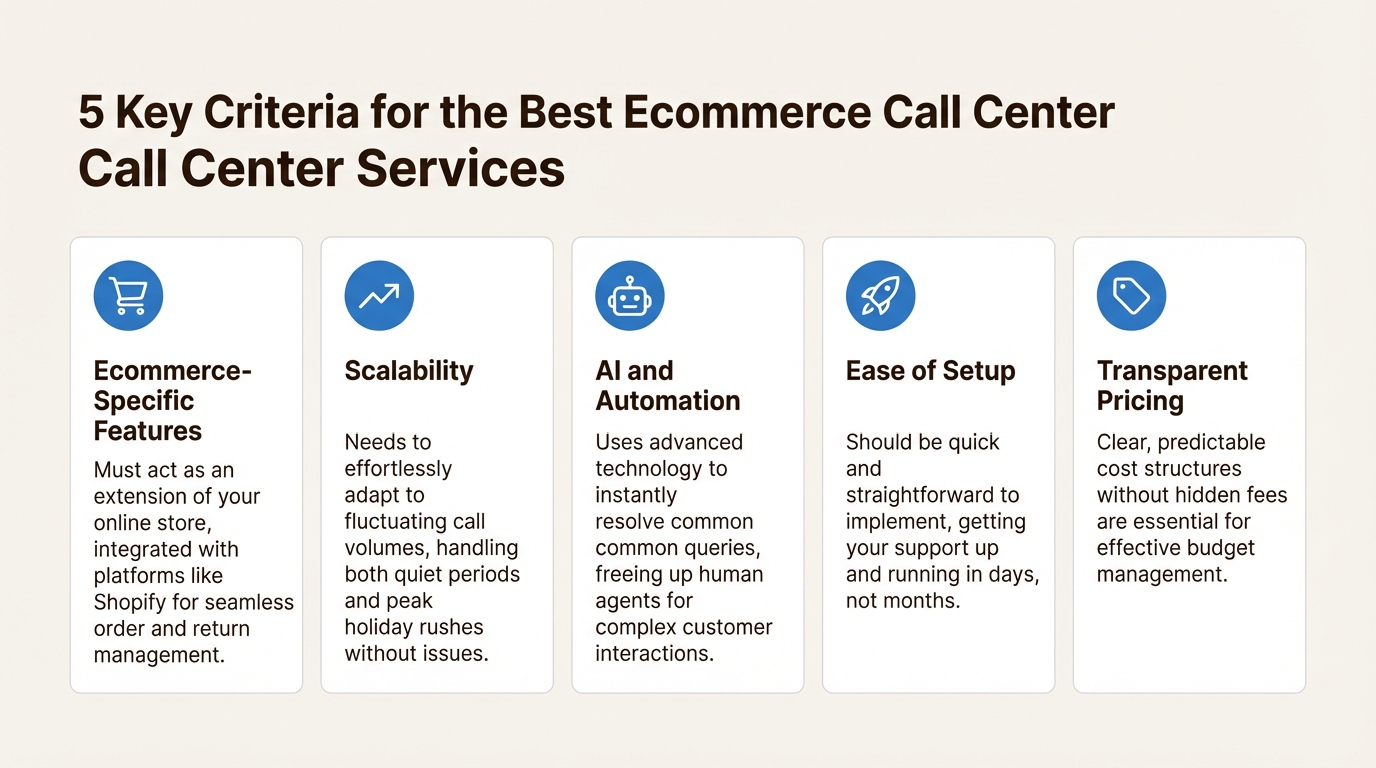 An infographic detailing the five essential criteria for choosing the best ecommerce call center services for an online store.