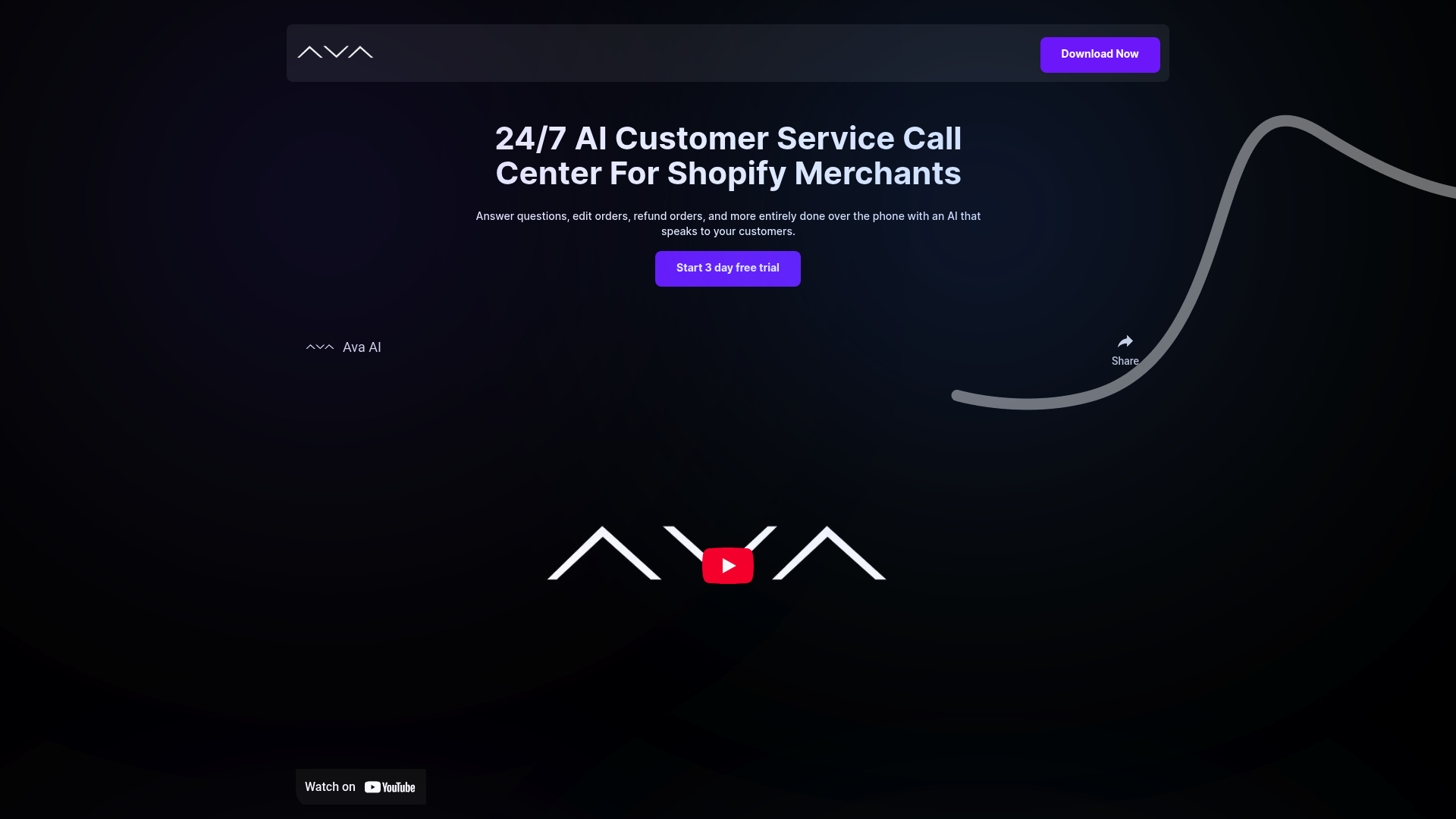 A screenshot of the Ava AI website, a Shopify AI call answering app that can edit orders live.