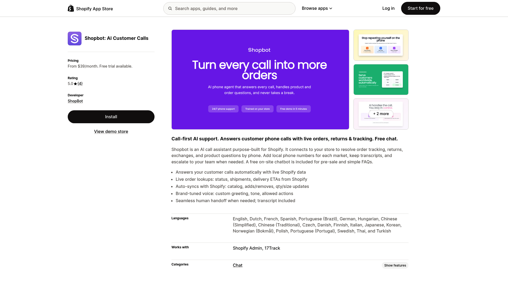 A screenshot of the Shopbot app store page, a popular Shopify AI call answering app.