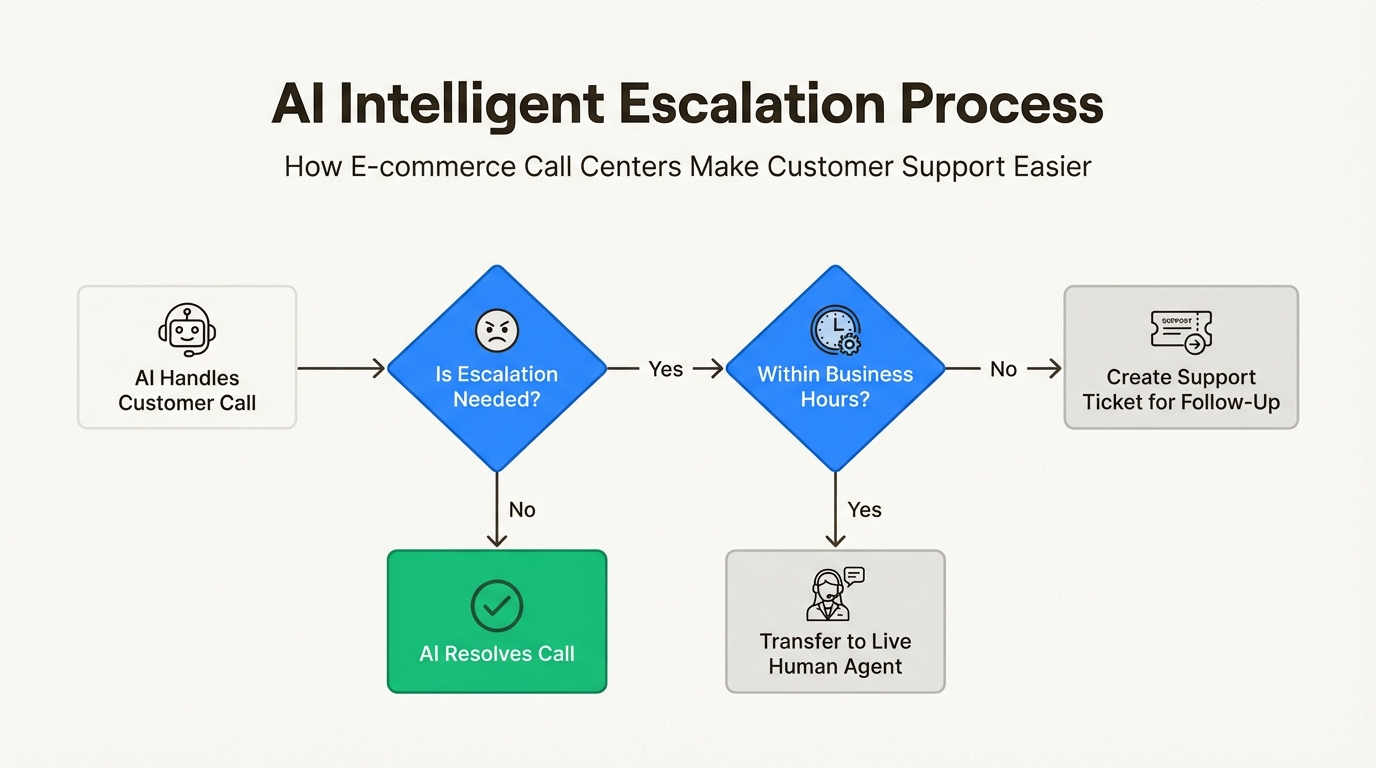 A flowchart demonstrating the intelligent escalation process where an AI determines if a call needs to be transferred to a human agent.