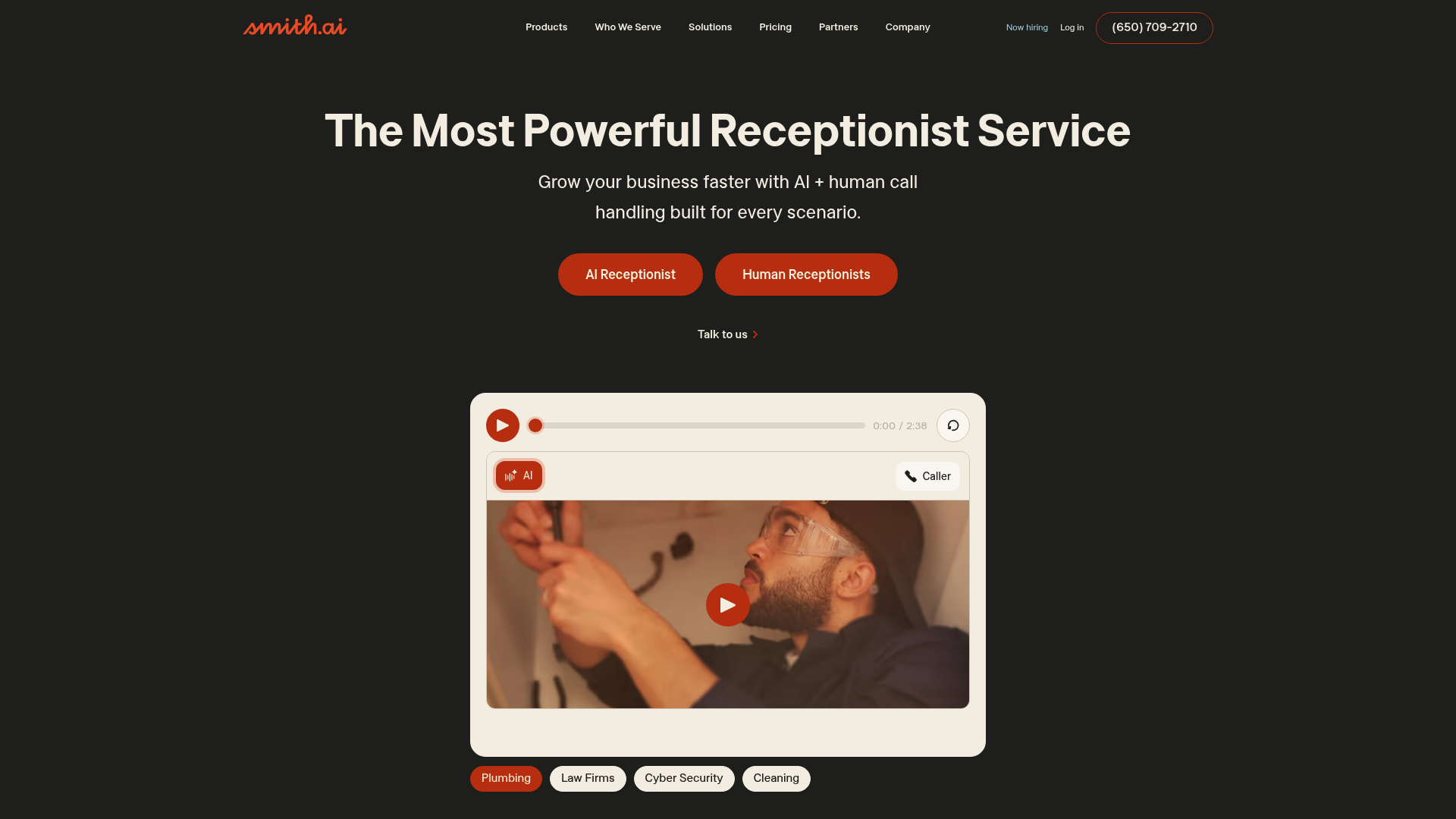 A screenshot of the Smith.ai homepage, a generic AI voice agent that can be used for ecommerce 24/7 phone integration.