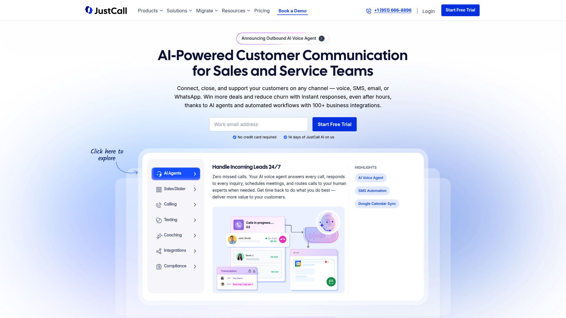 A screenshot of the JustCall landing page, an all-in-one platform that offers a Gorgias phone integration.