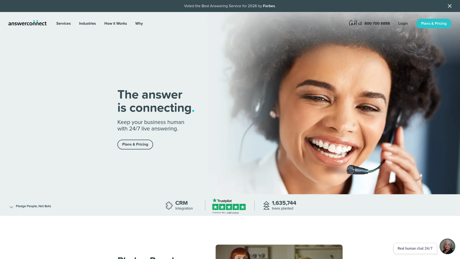 A screenshot of the AnswerConnect homepage, a traditional answering service and an alternative to AI-based ecommerce 24/7 phone integration.