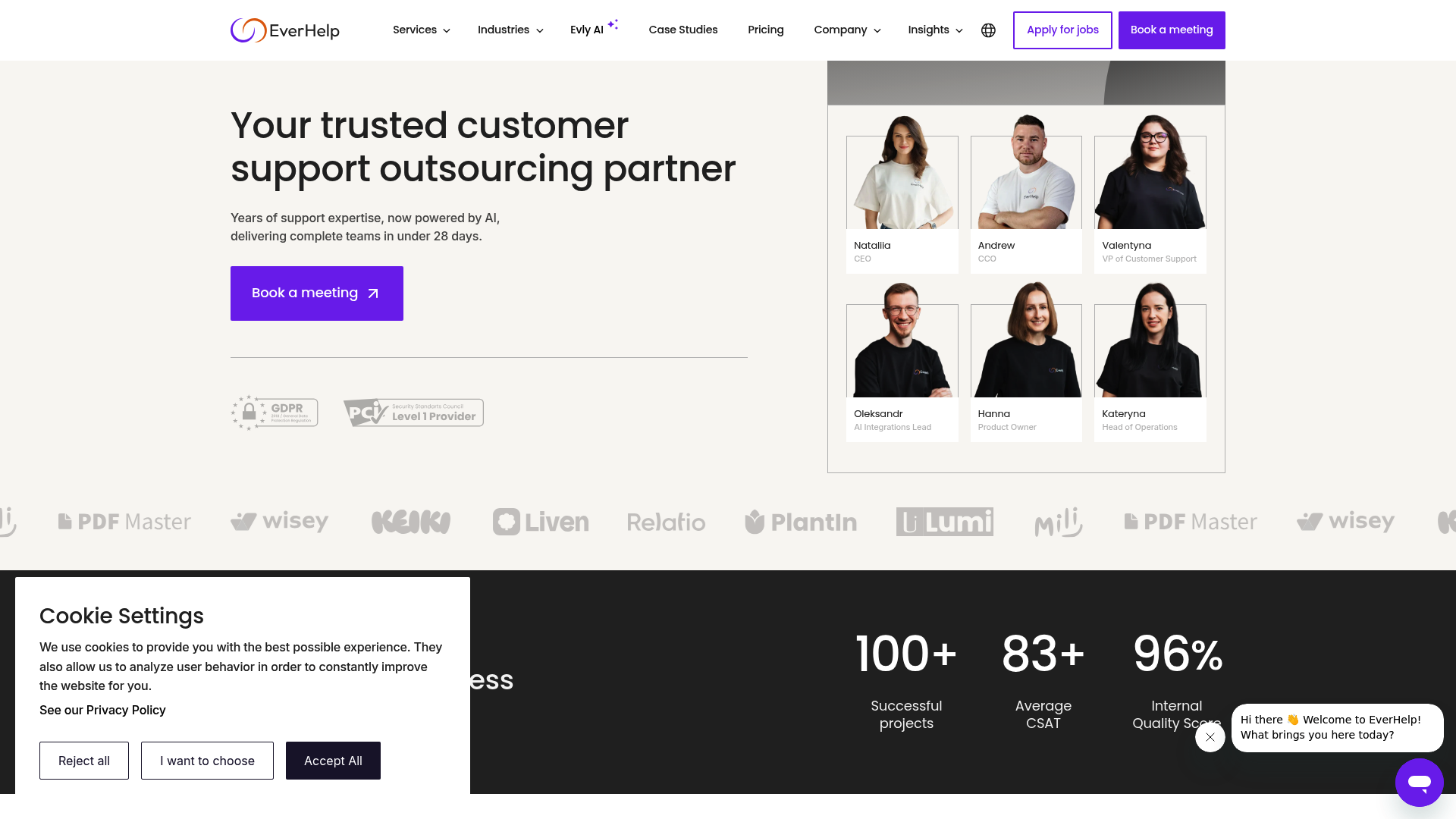 A screenshot of the EverHelp homepage, showcasing its flexible and scalable customer support teams.